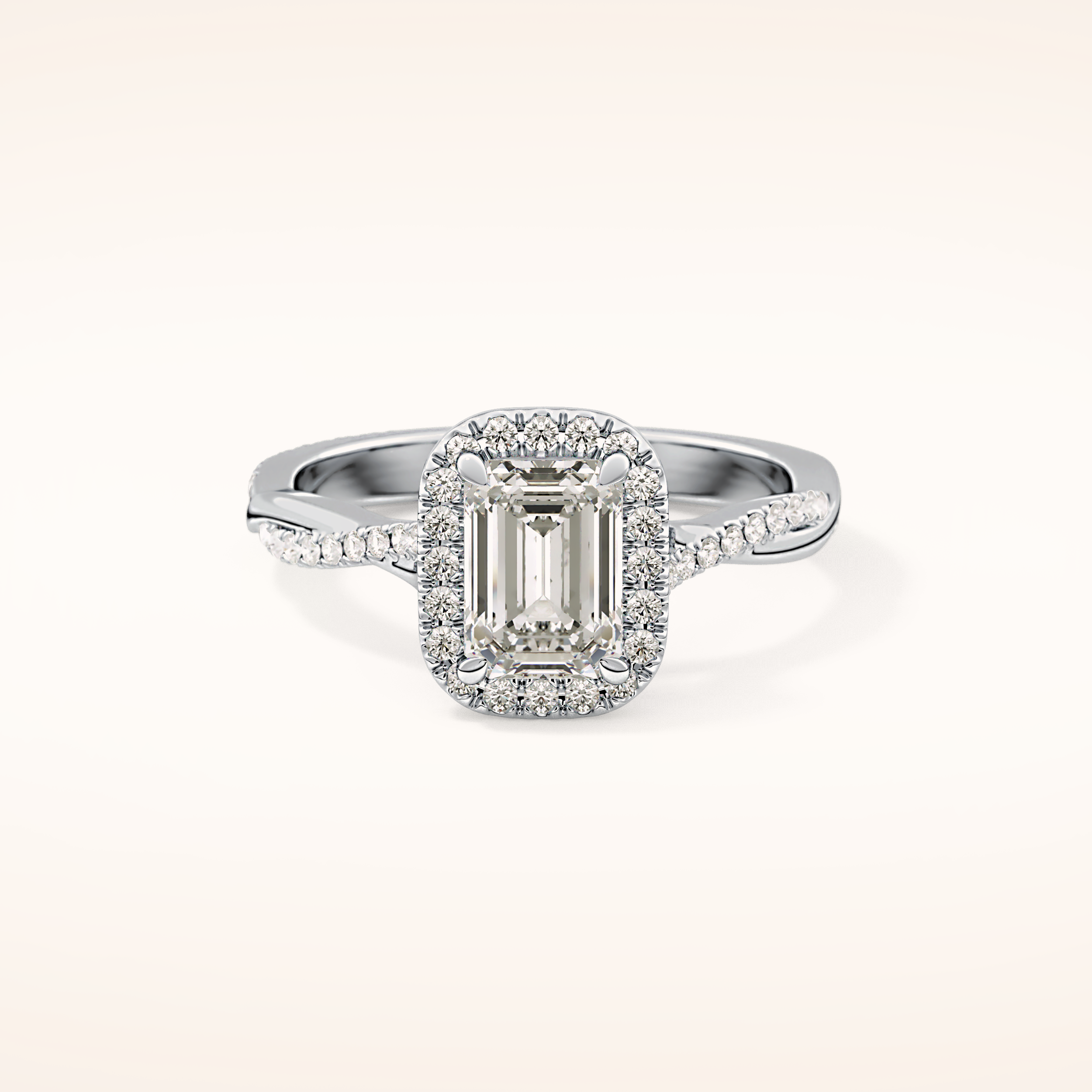 1.02 CT Emerald Shaped Halo & Pave Twisted Shank Moissanite Engagement Ring