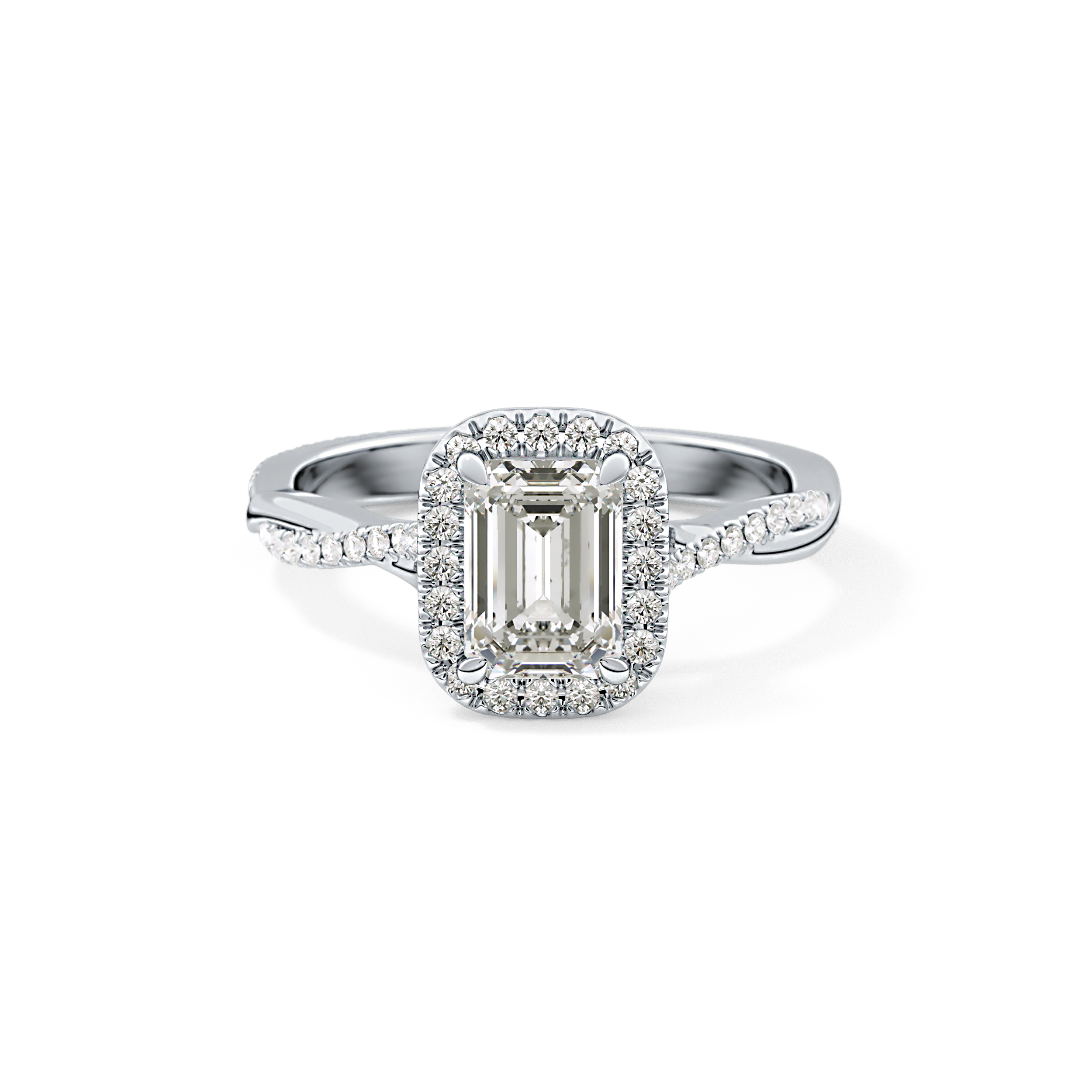 Emerald Twisted Shank, Halo and Pave Lab Grown Diamond Engagement Ring