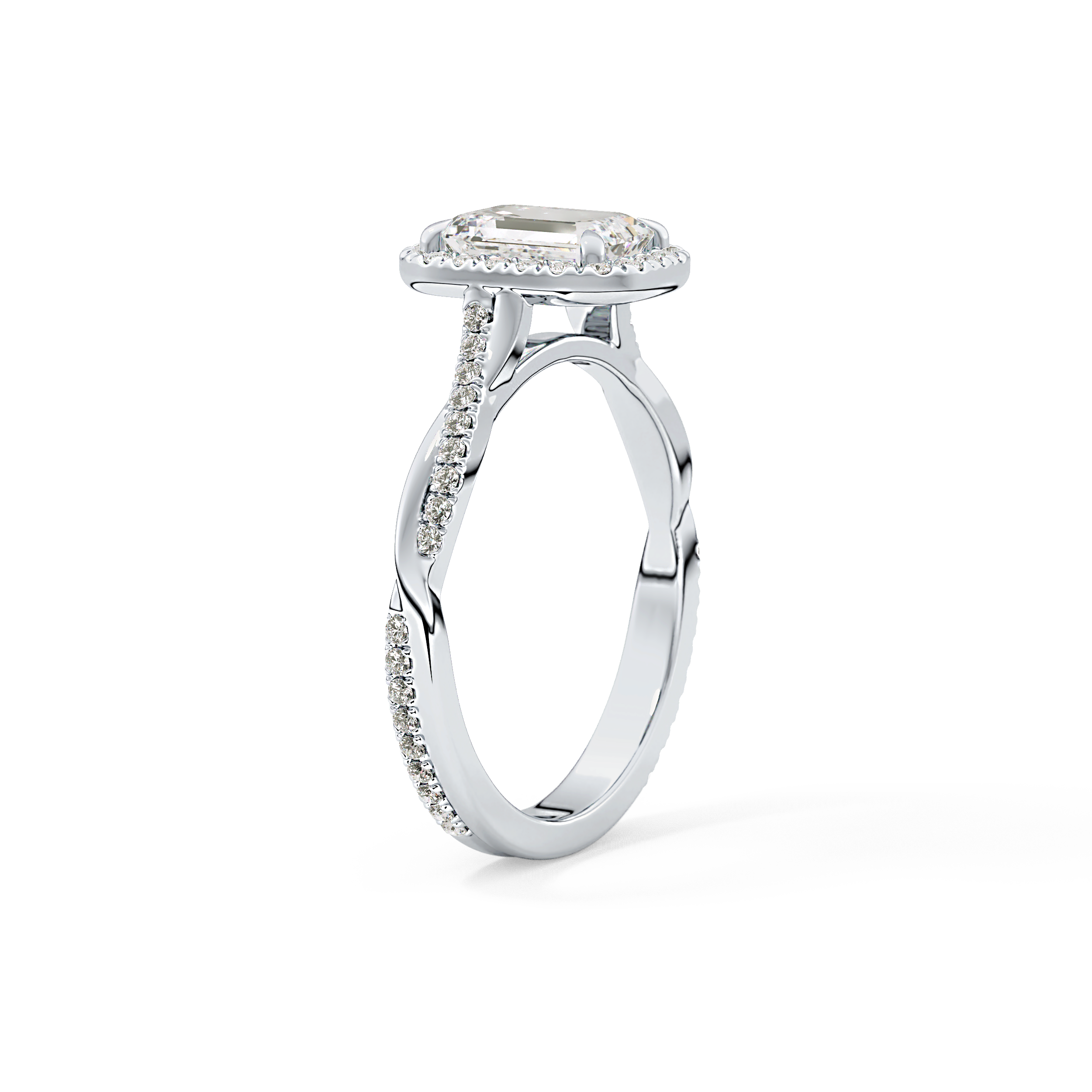 Emerald Twisted Shank, Halo and Pave Lab Grown Diamond Engagement Ring