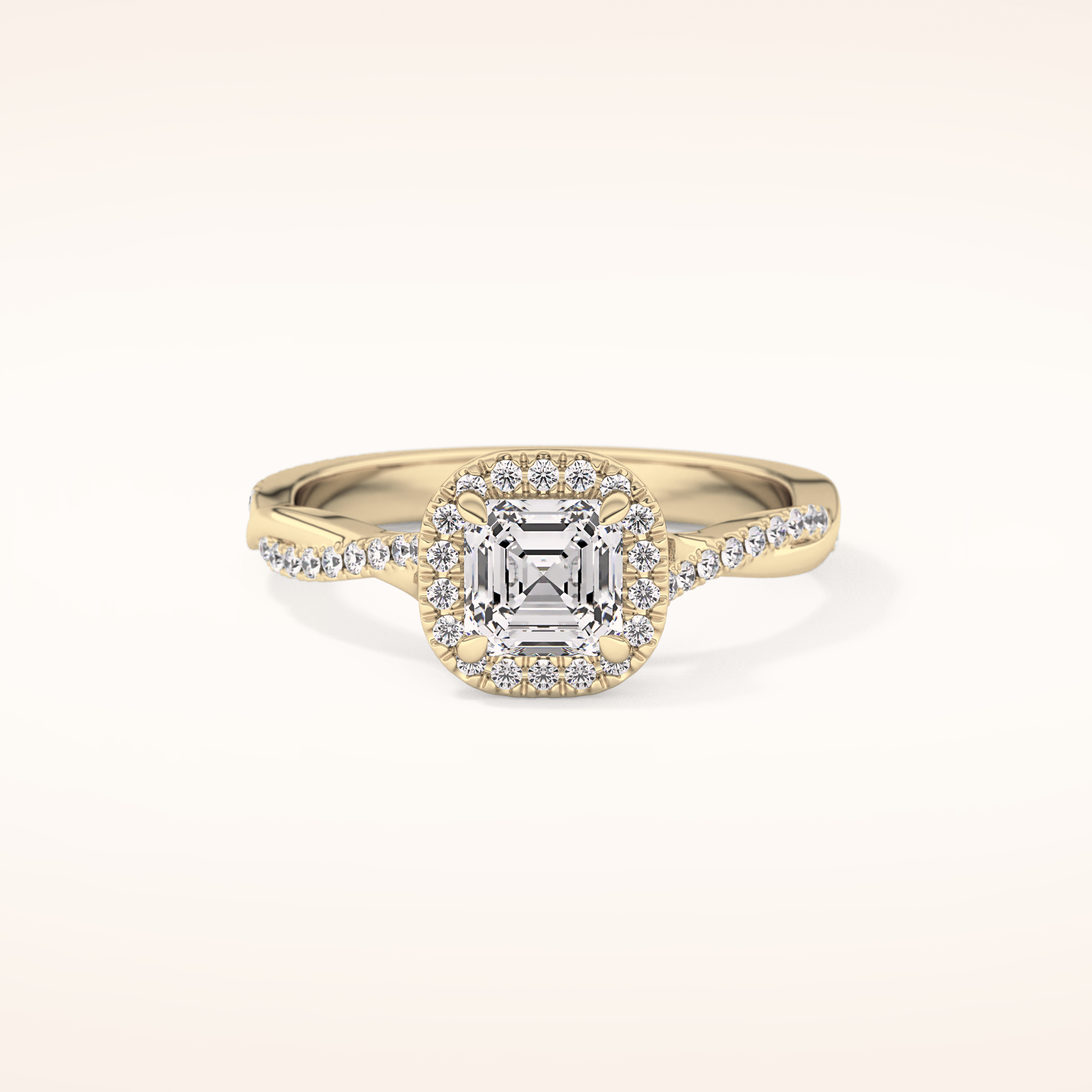 0.65 CT Emerald Shaped Halo & Pave Twisted Shank Moissanite Engagement Ring