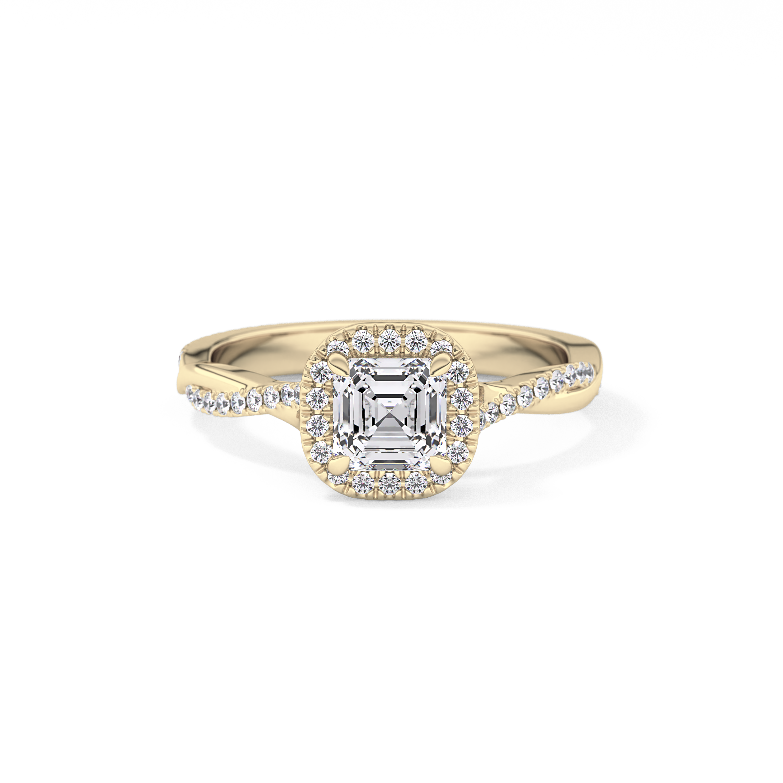Asscher Twisted Shank, Halo and Pave Lab Grown Diamond Engagement Ring