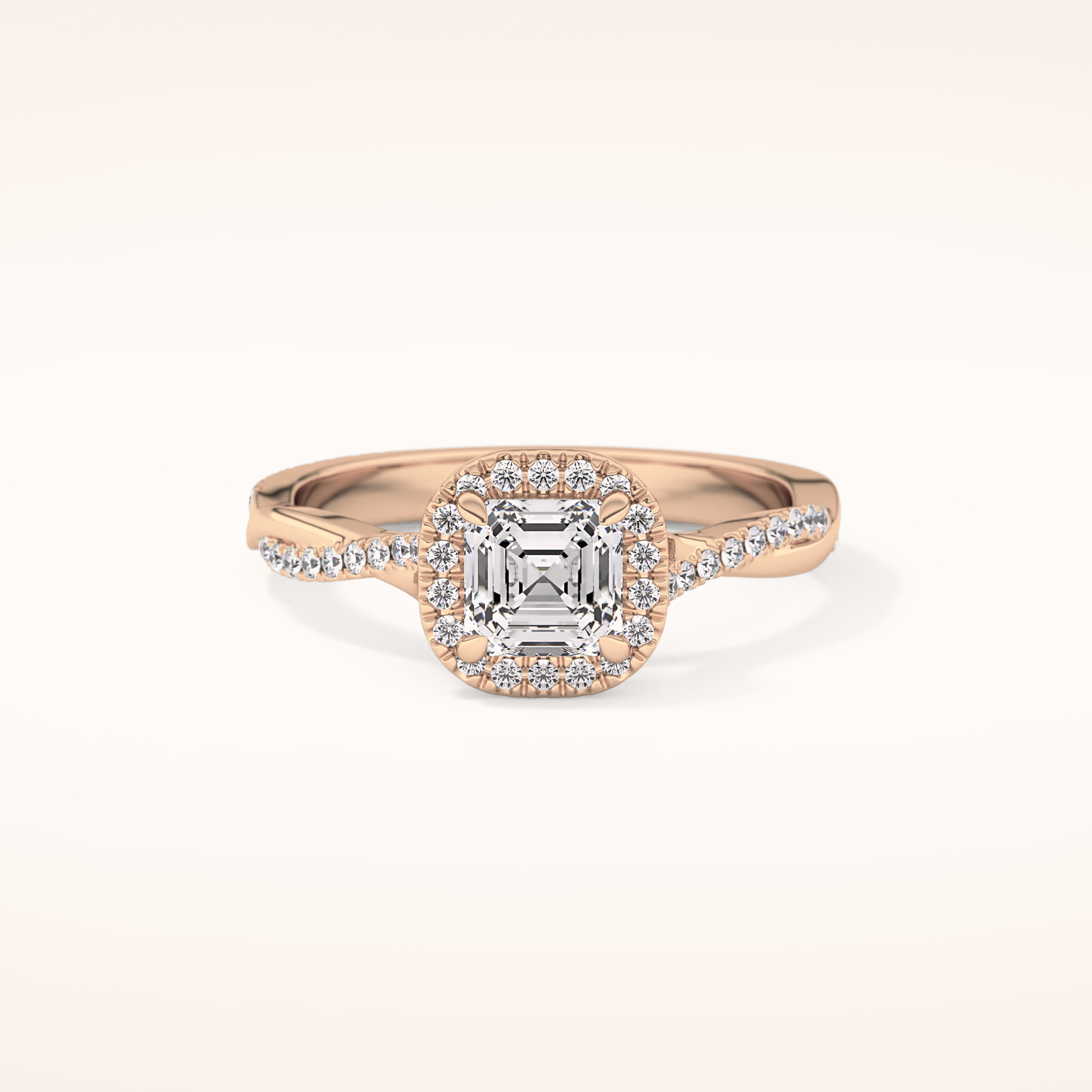 0.65 CT Emerald Shaped Halo & Pave Twisted Shank Moissanite Engagement Ring