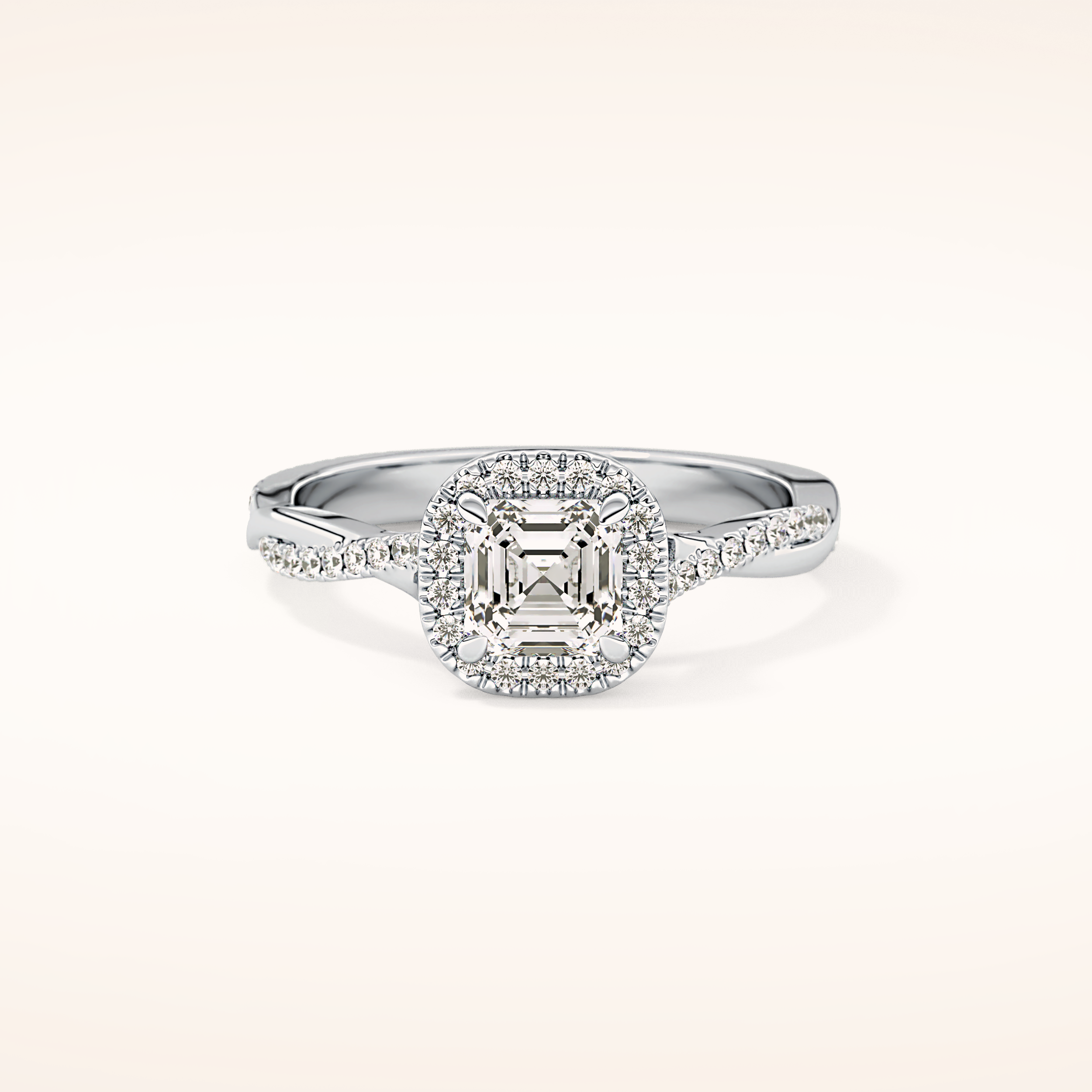 0.65 CT Emerald Shaped Halo & Pave Twisted Shank Moissanite Engagement Ring