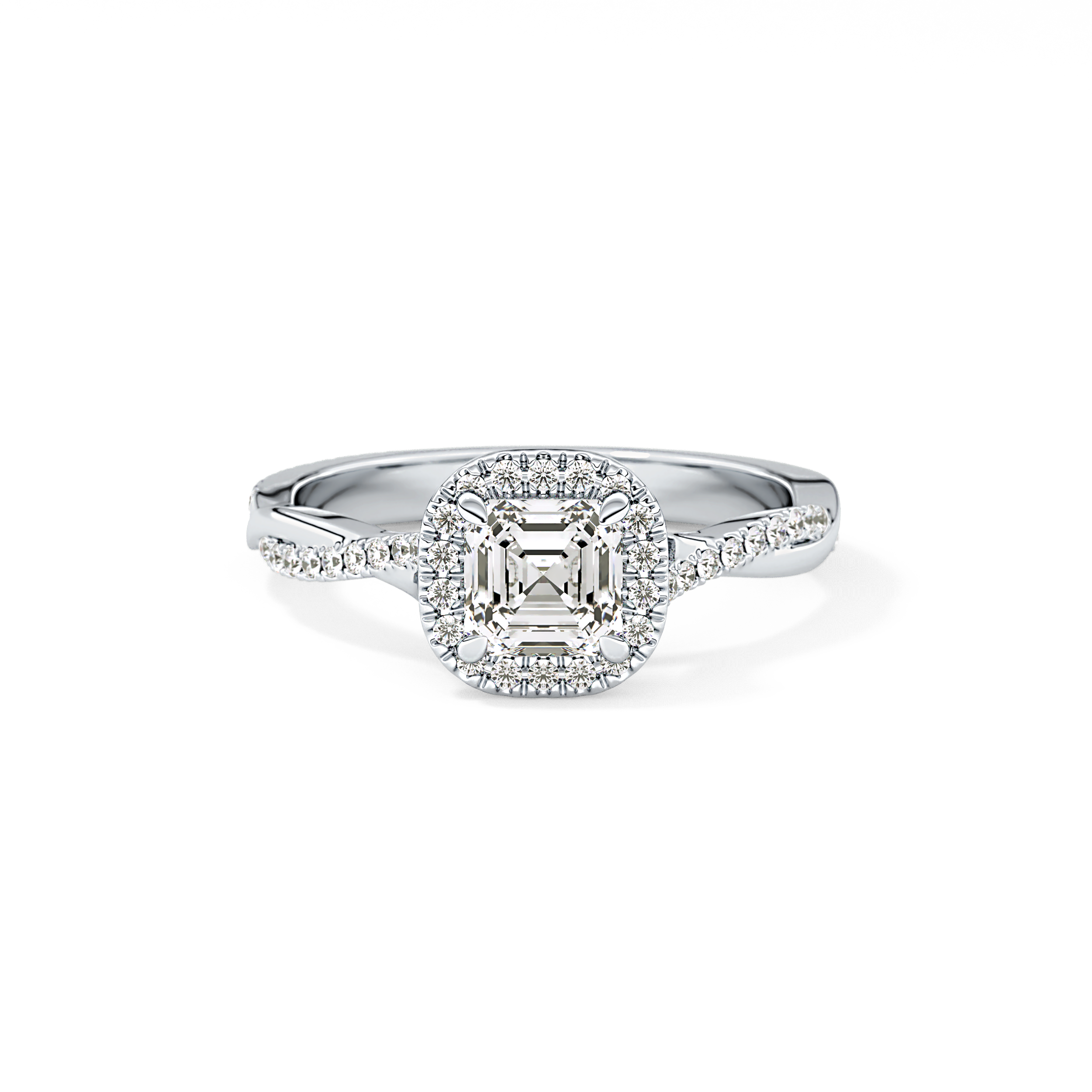 Asscher Twisted Shank, Halo and Pave Lab Grown Diamond Engagement Ring
