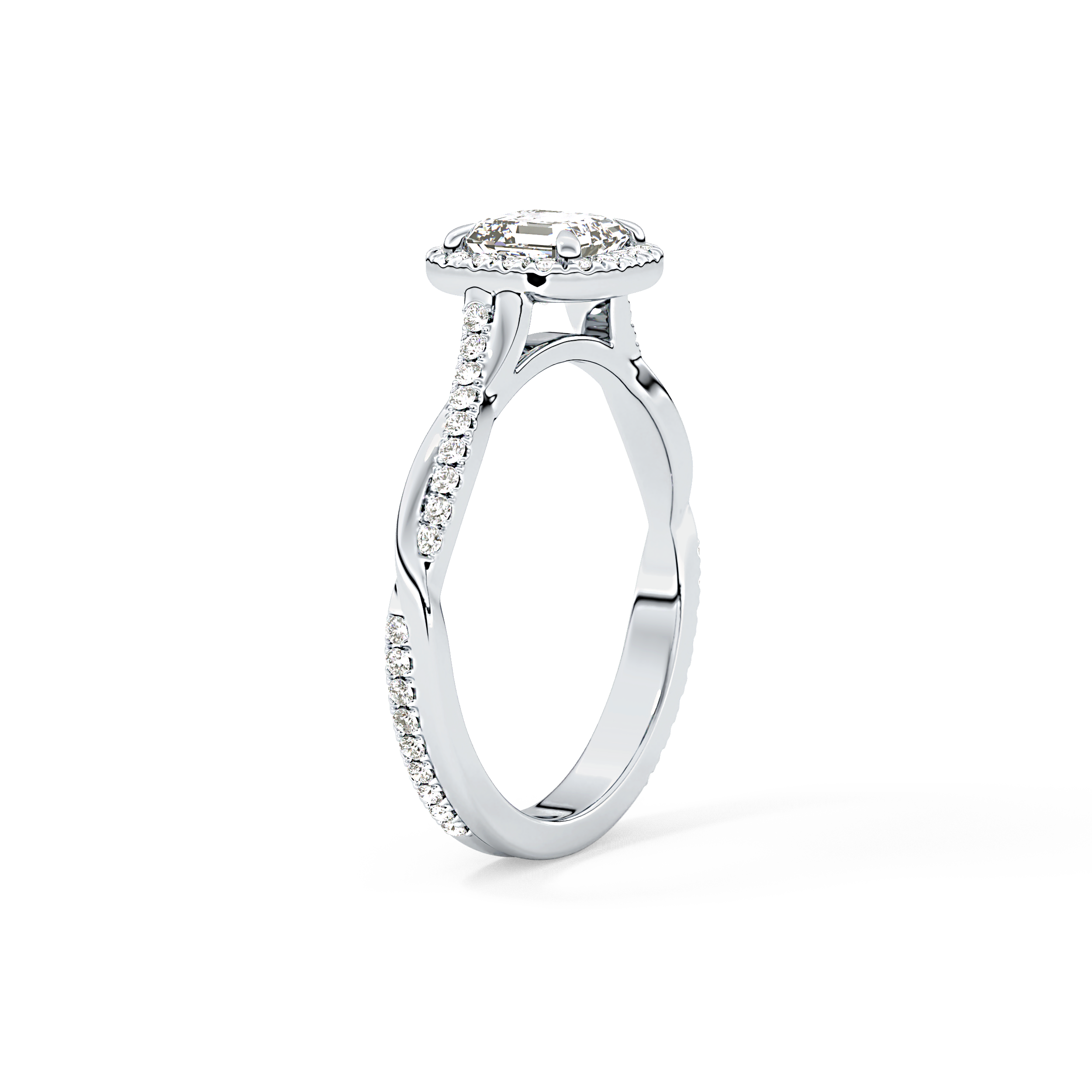 Asscher Twisted Shank, Halo and Pave Lab Grown Diamond Engagement Ring