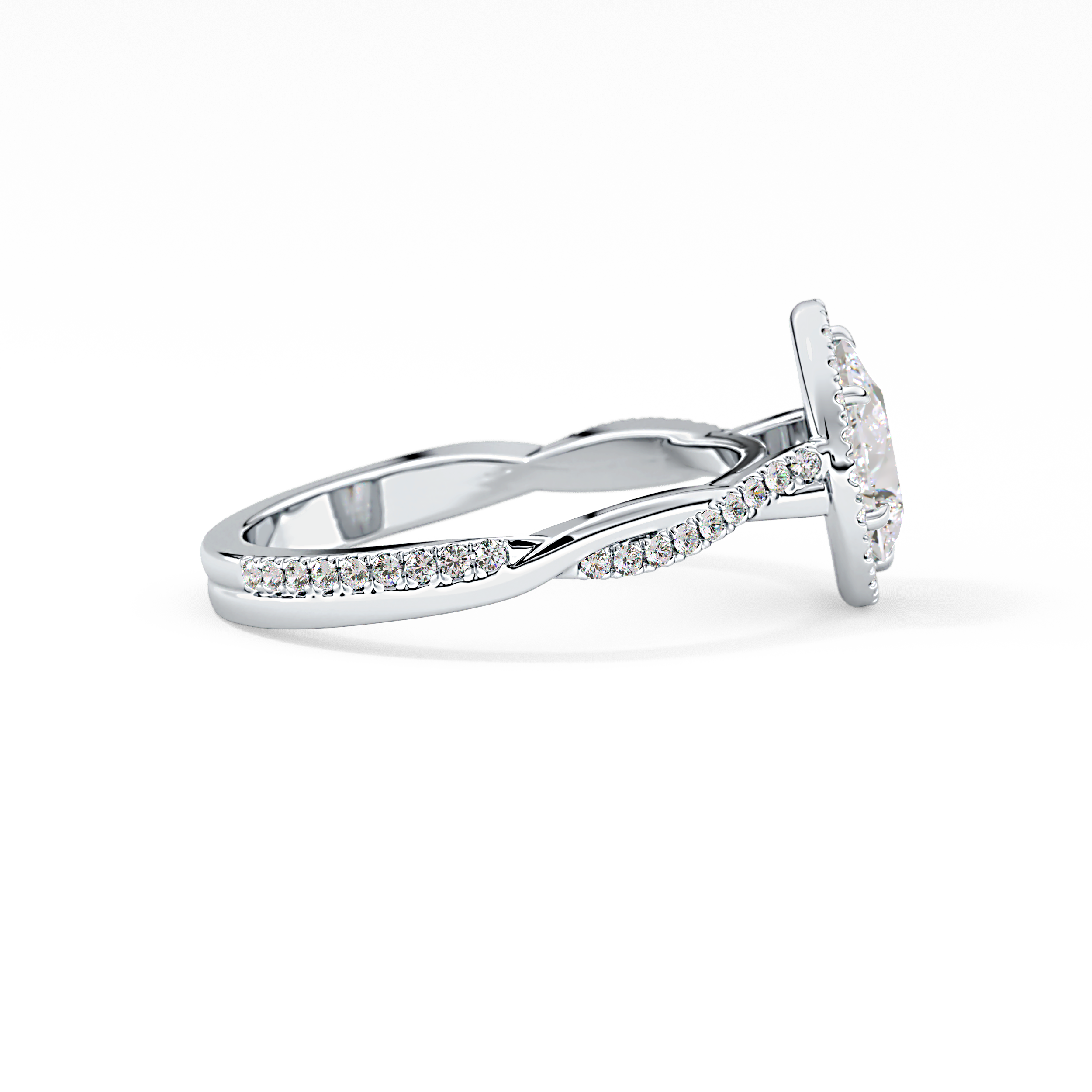 Pear Twisted Shank, Halo and Pave Lab Grown Diamond Engagement Ring