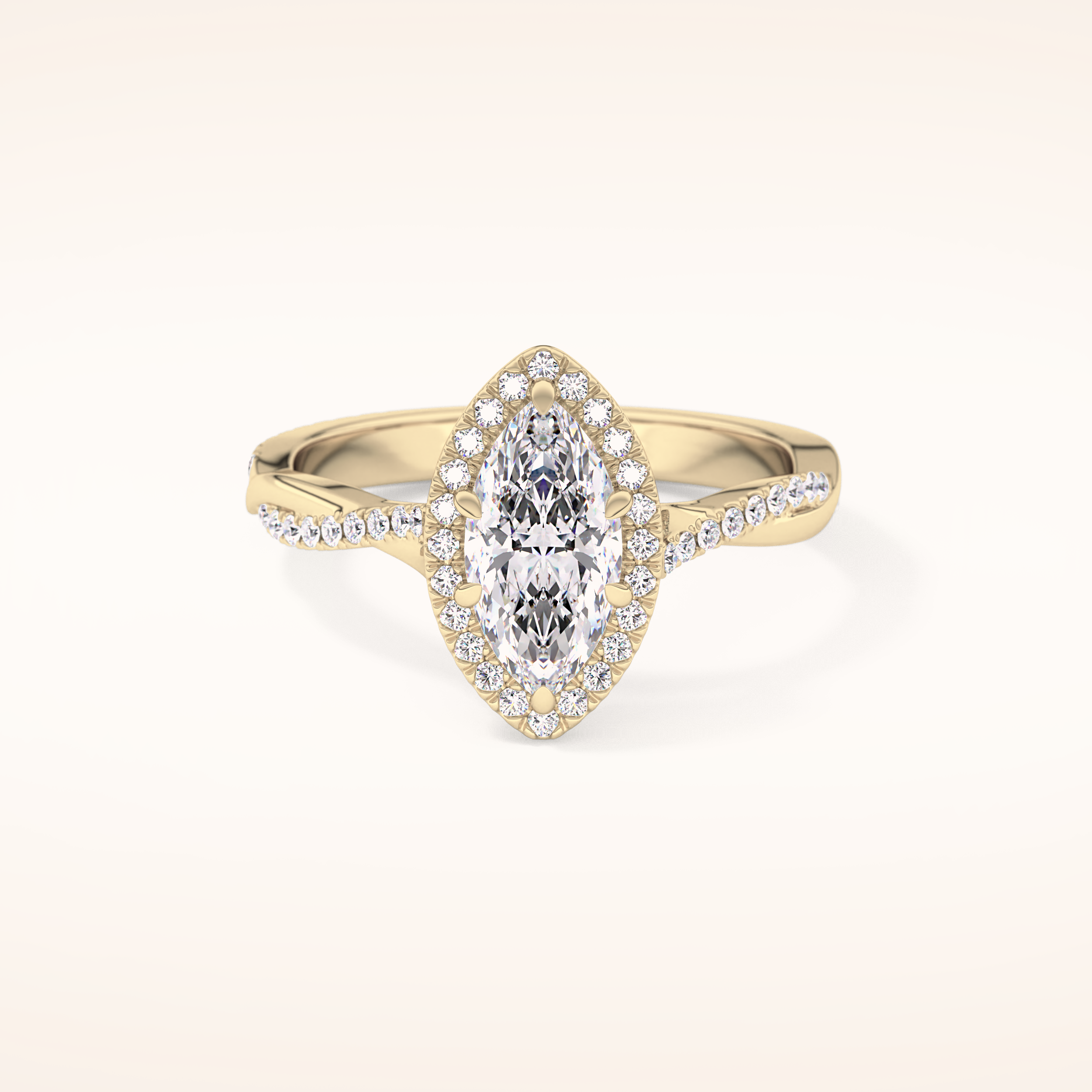 0.86 CT Marquise Shaped Halo & Pave Twisted Shank Moissanite Engagement Ring