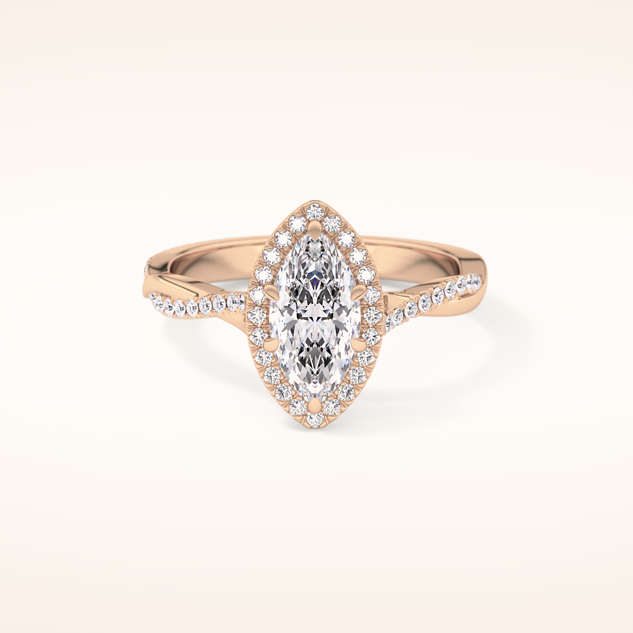 0.86 CT Marquise Shaped Halo & Pave Twisted Shank Moissanite Engagement Ring