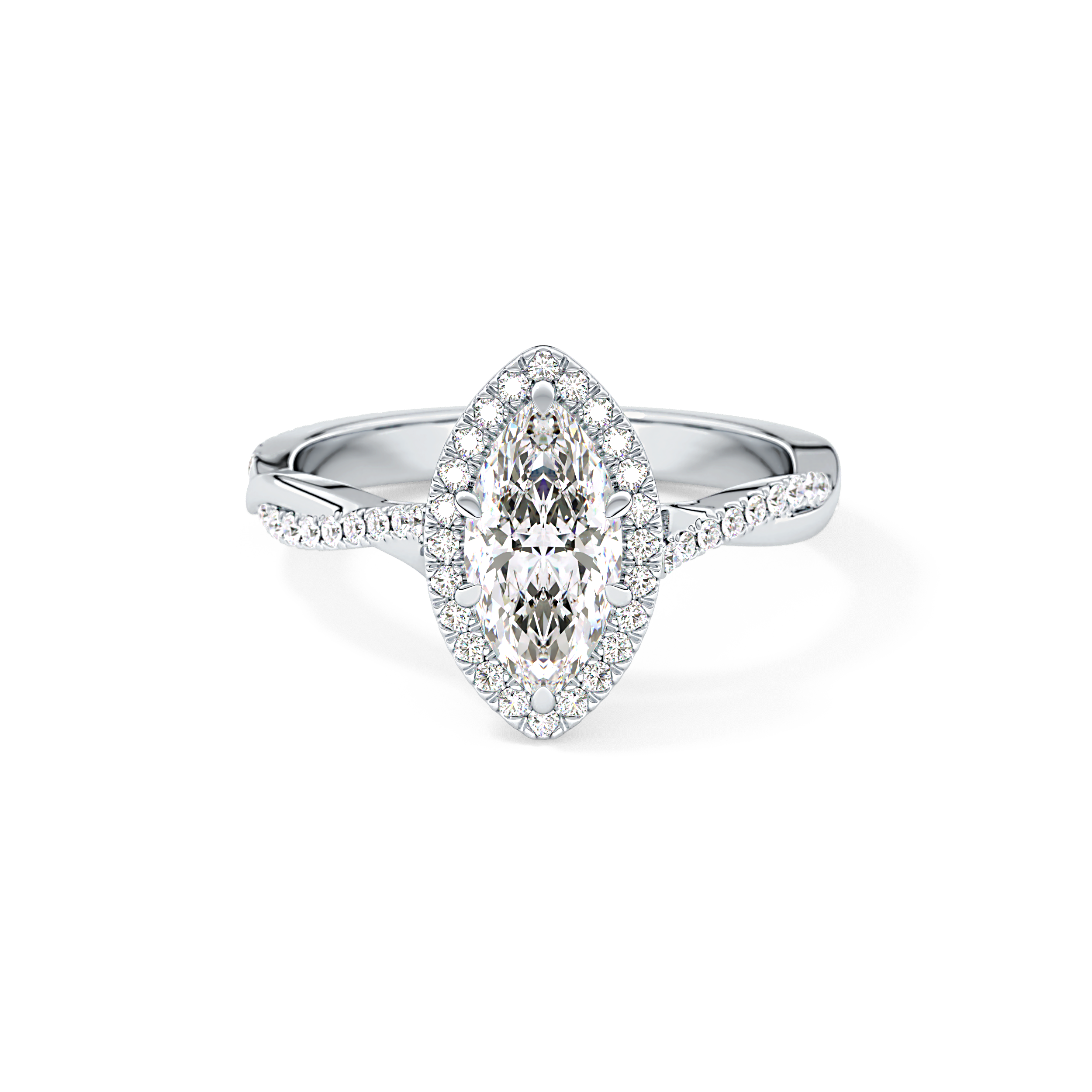 Marquise Twisted Shank, Halo and Pave Lab Grown Diamond Engagement Ring
