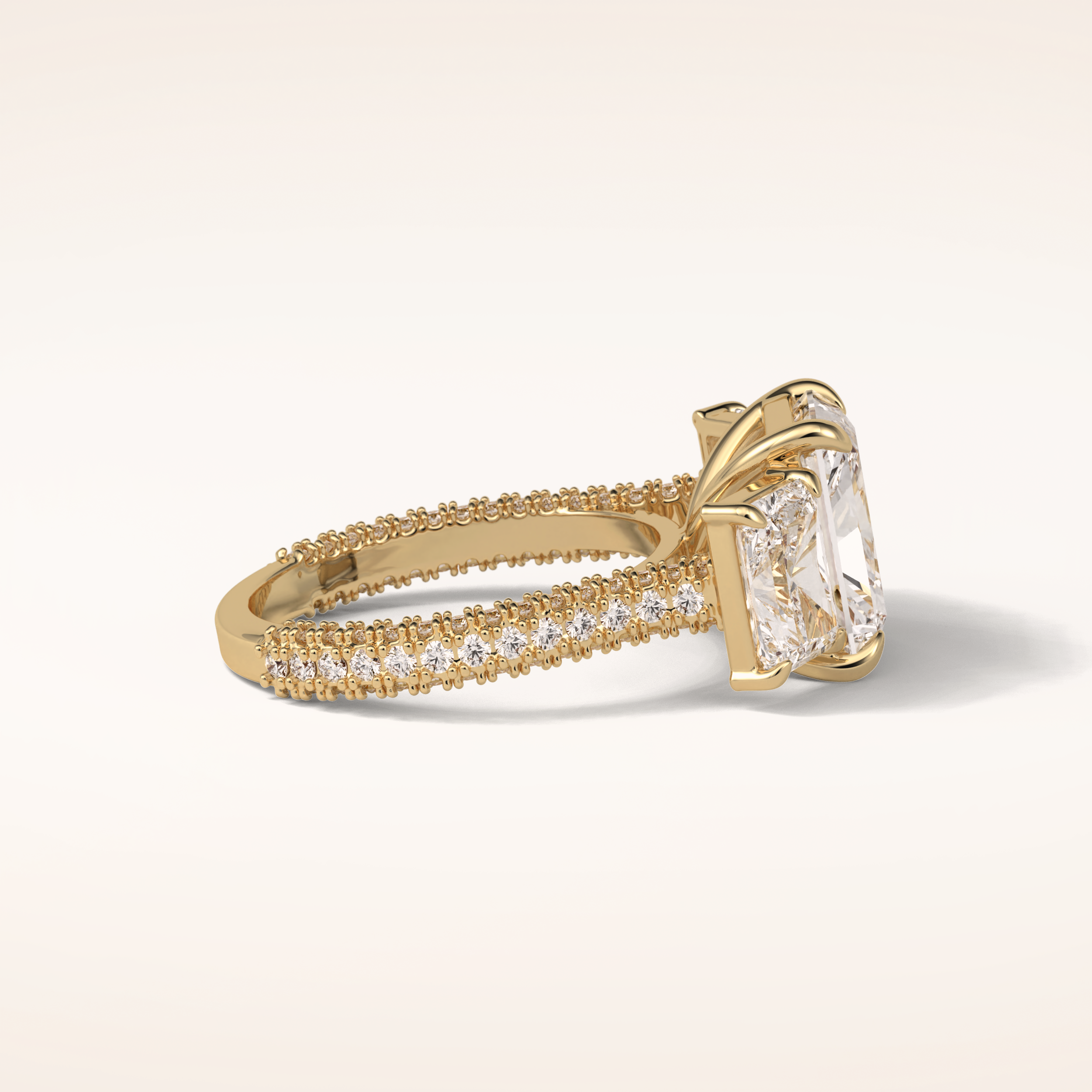 3.51 CT Radiant Shaped Three Stones & Pave Moissanite Engagement Ring