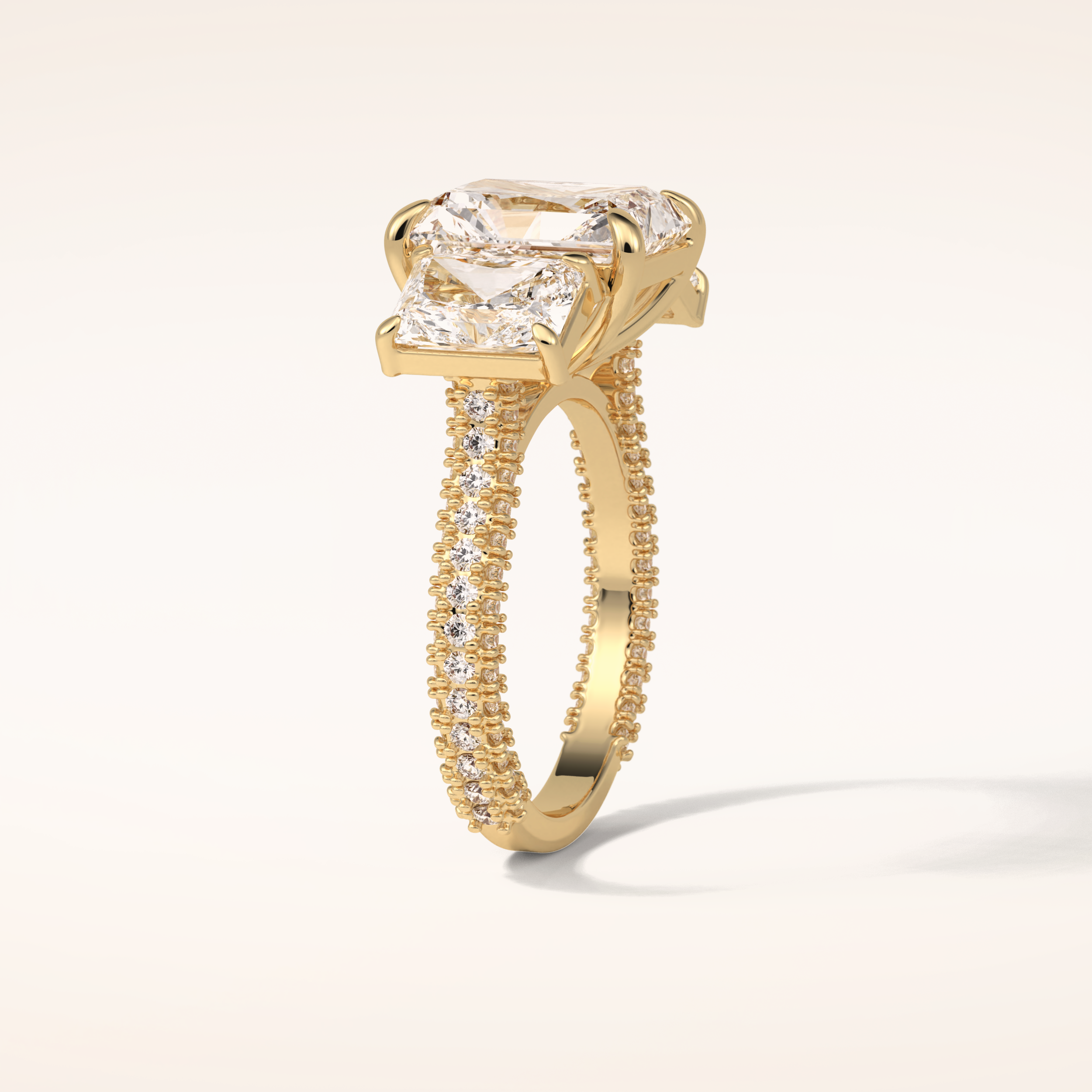 3.51 CT Radiant Shaped Three Stones & Pave Moissanite Engagement Ring