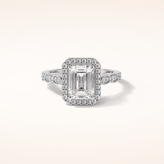 1.91 CT Emerald Shaped Halo & Pave Moissanite Engagement Ring