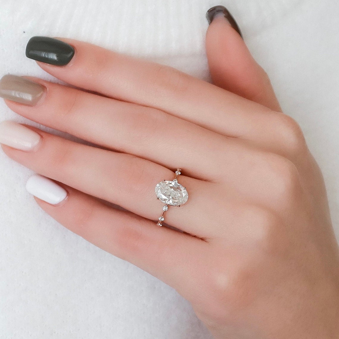 Oval Dainty Pave Lab Grown Diamond Engagement Ring