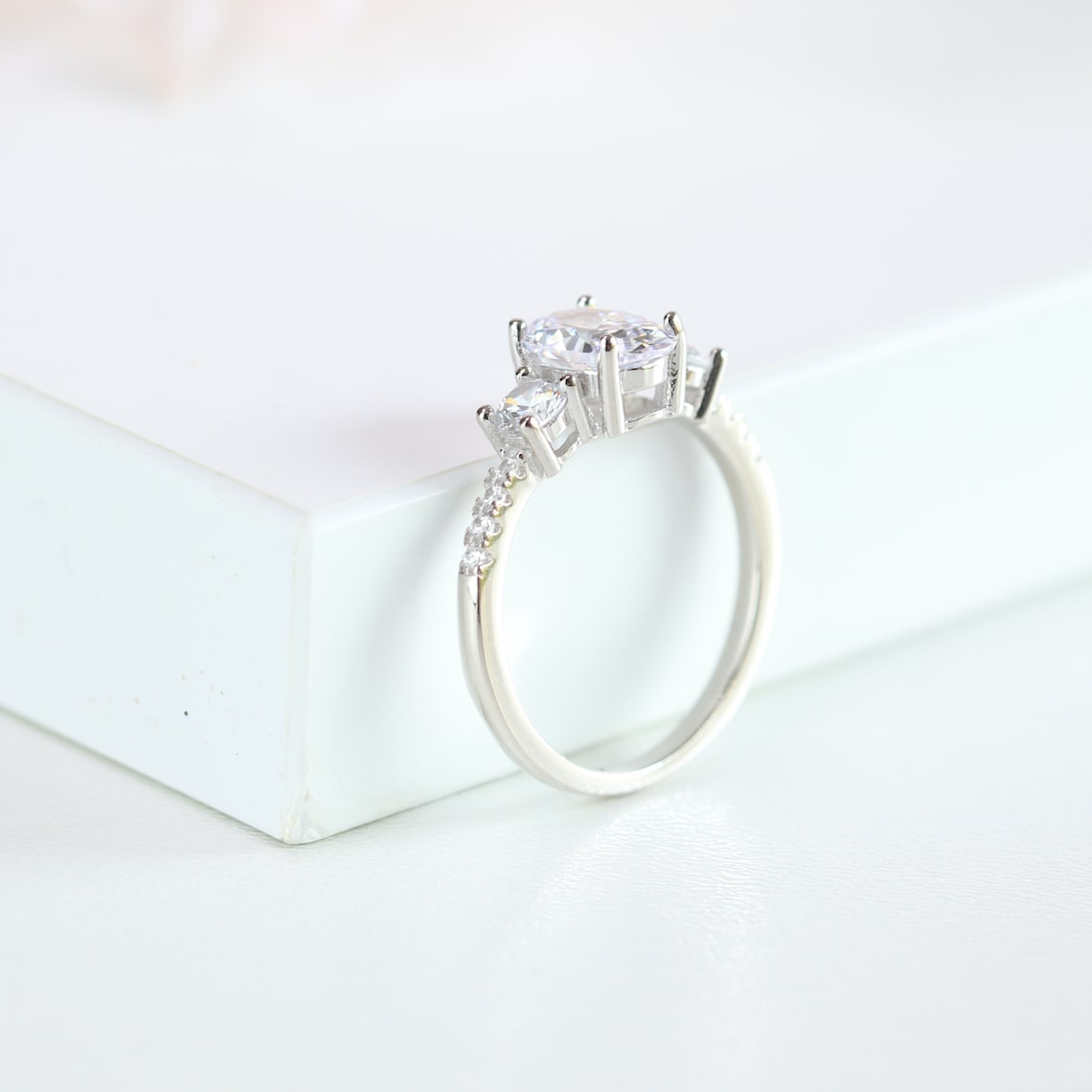 1.50 CT Oval Moissanite Three Stone & Pave Setting Engagement Ring - farrellouise