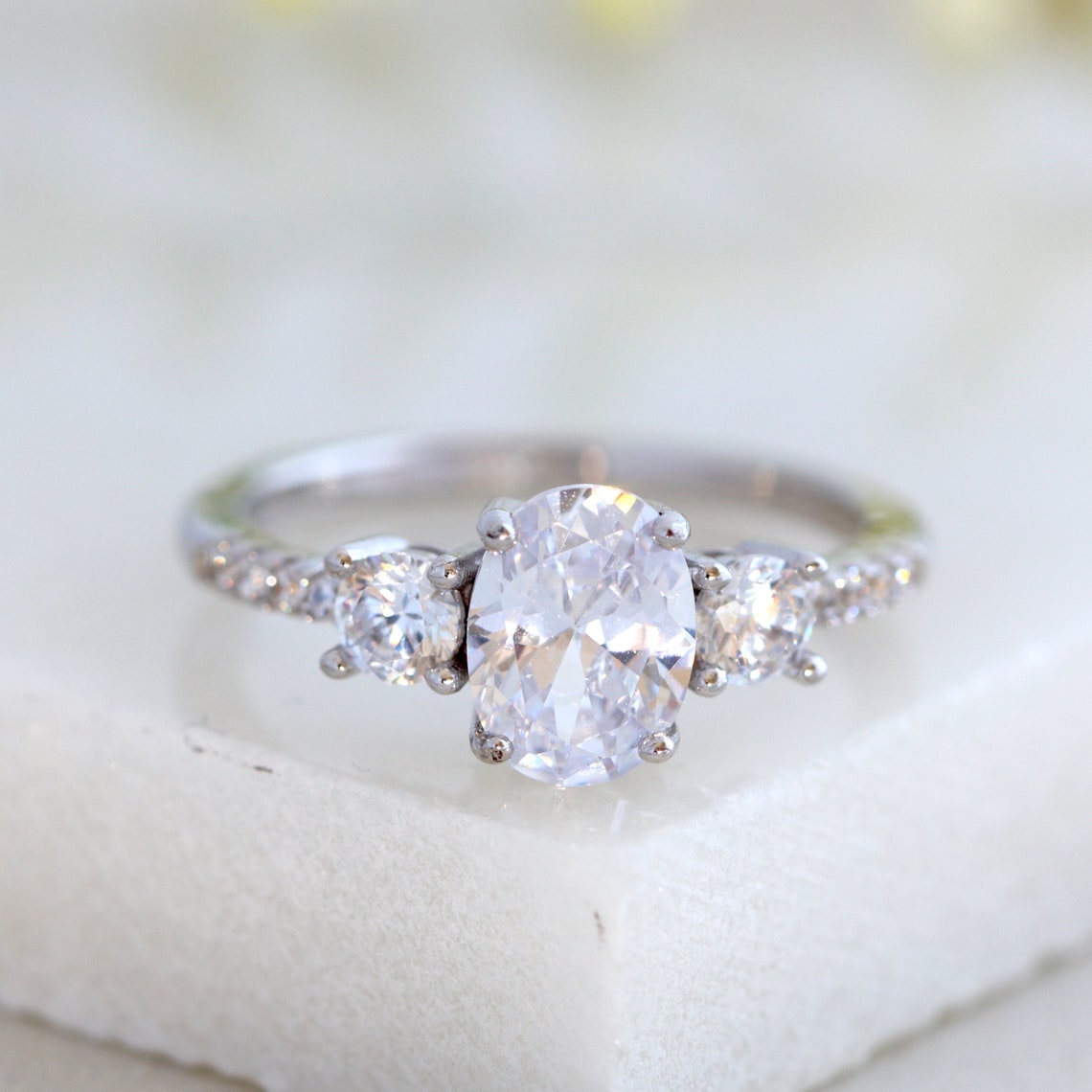 1.50 CT Oval Moissanite Three Stone & Pave Setting Engagement Ring - farrellouise