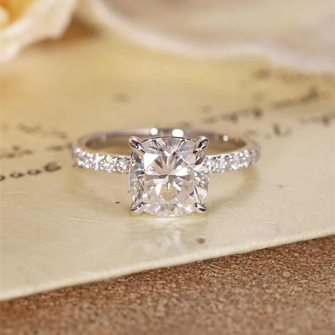 Pave Engagement Ring Featuring 3.0 CT Cushion Moissanite 1