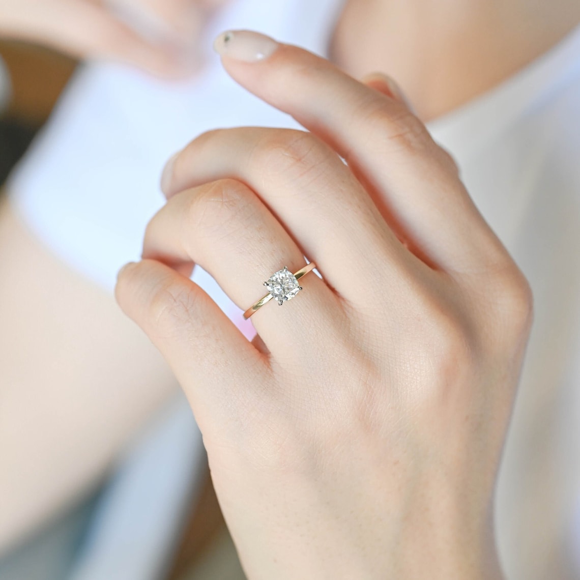 Hidden Halo Engagement Ring Featuring 1.0 CT Cushion Moissanite 8