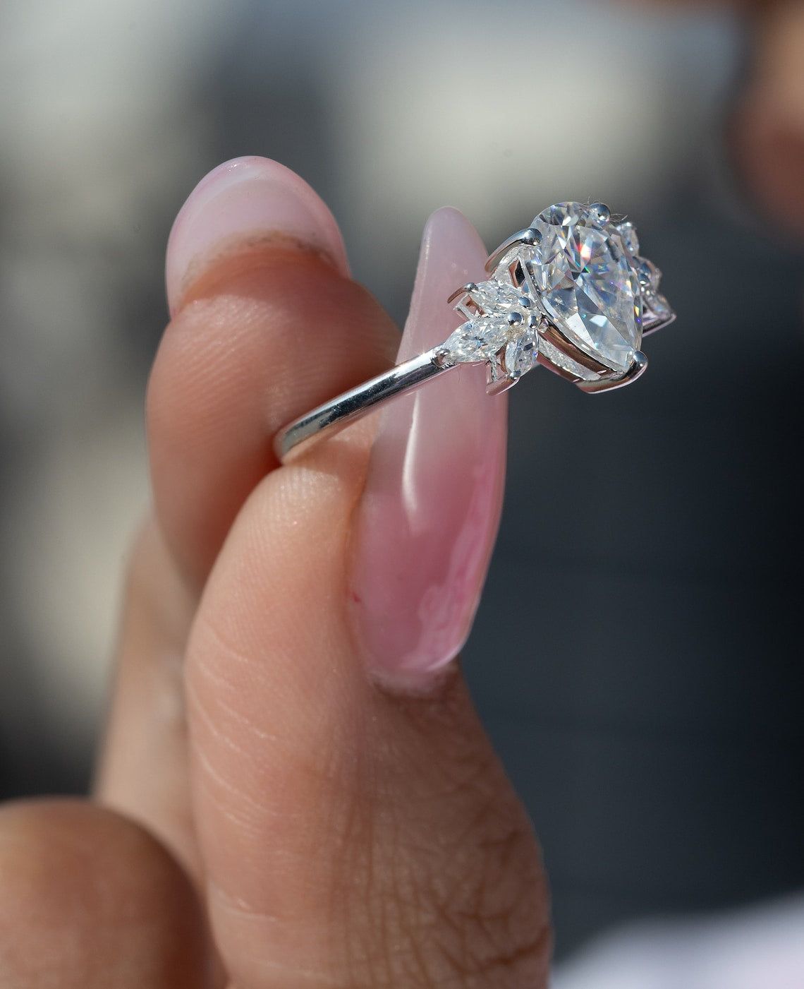 Cluster Style Engagement Ring Featuring 1.55 CT Pear Moissanite 8