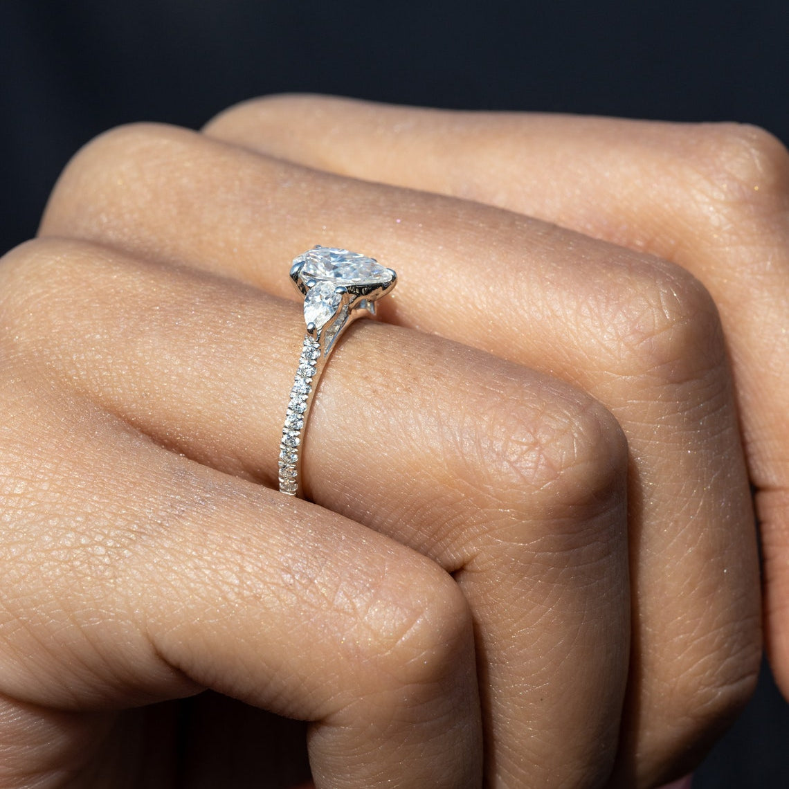1.20 CT Pear Moissanite Three Stone & Pave Setting Engagement Ring - farrellouise