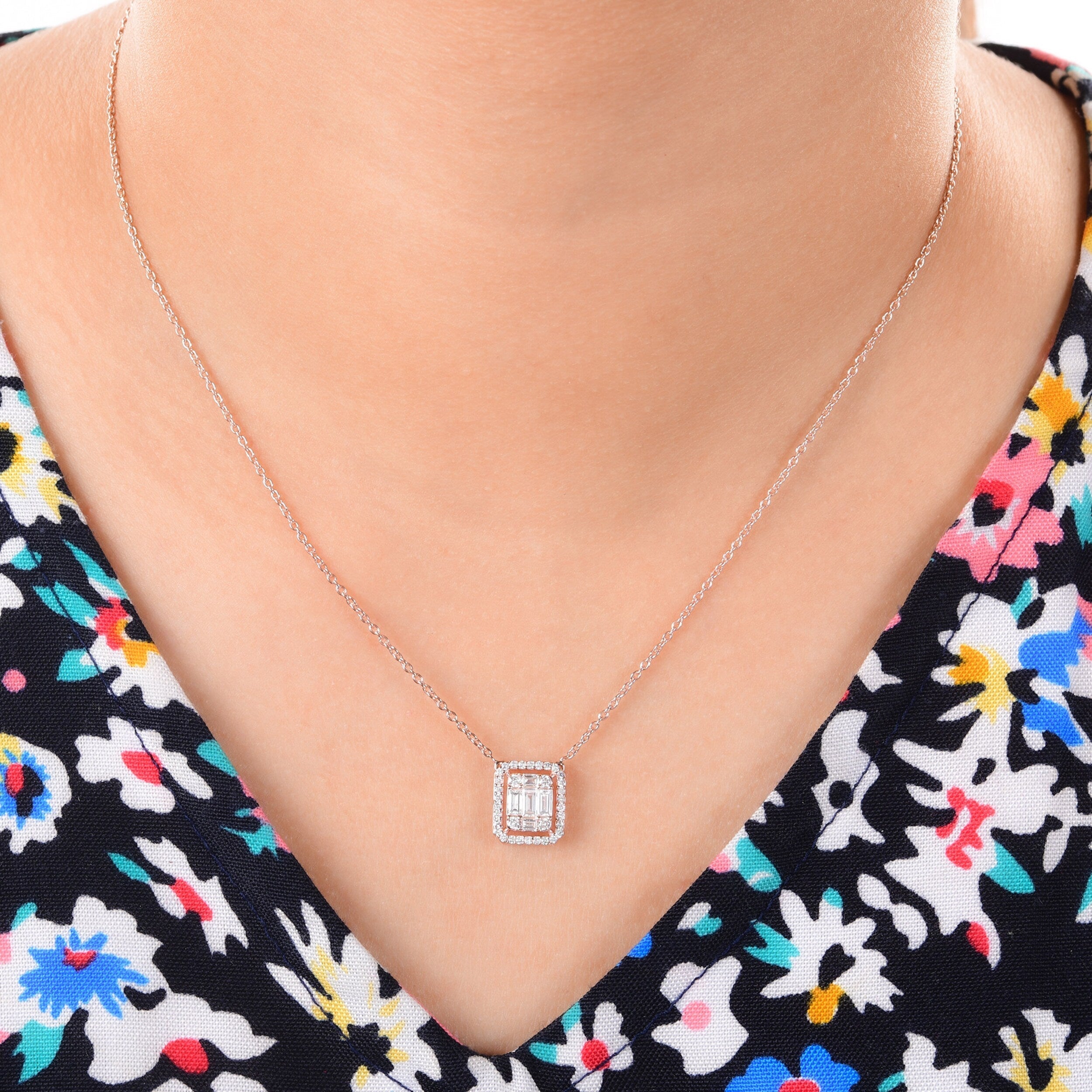 0.64 Carats Baguette & Round Cut Moissanite Halo Necklace 1