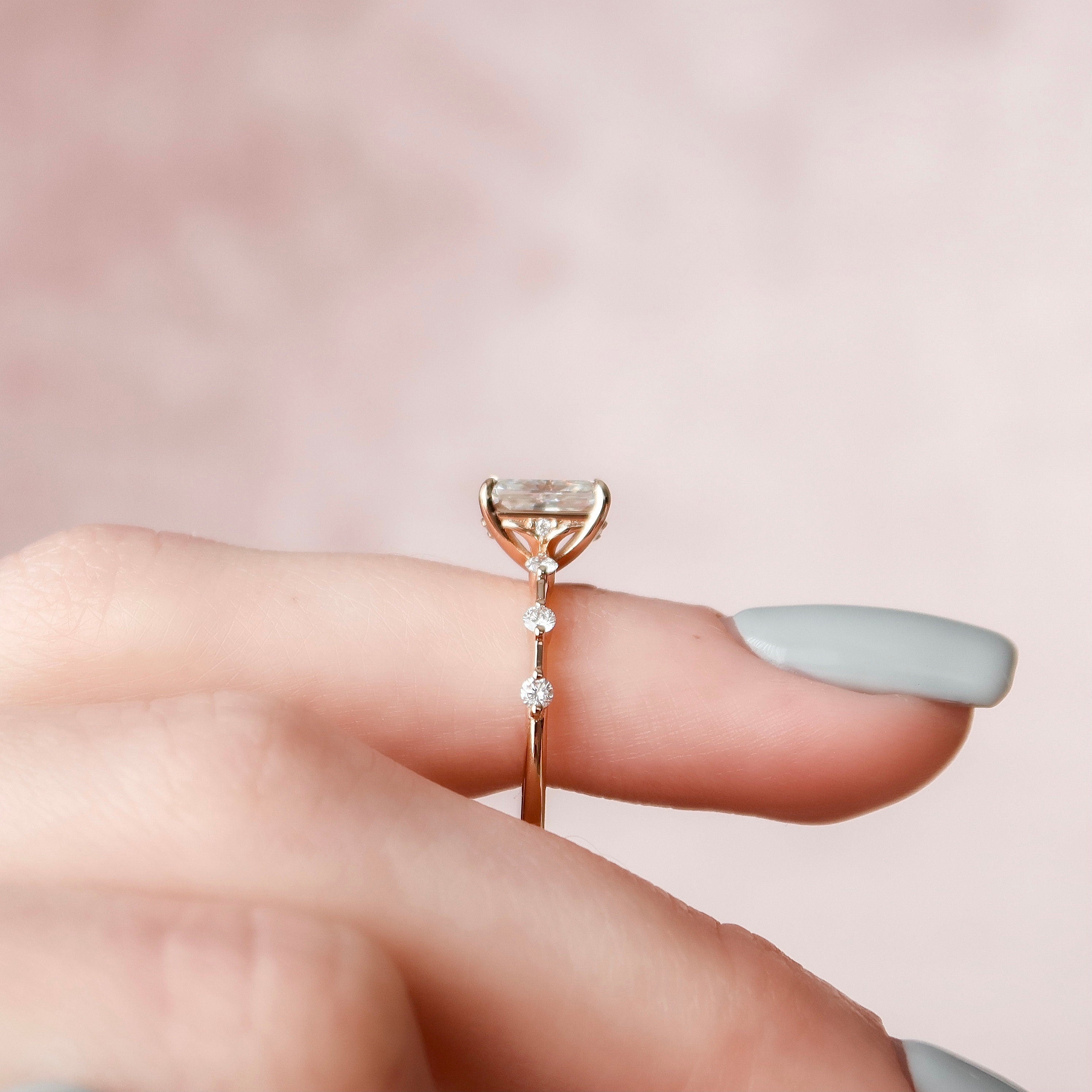 1.50 CT Radiant Dainty Pave Moissanite Engagement Ring