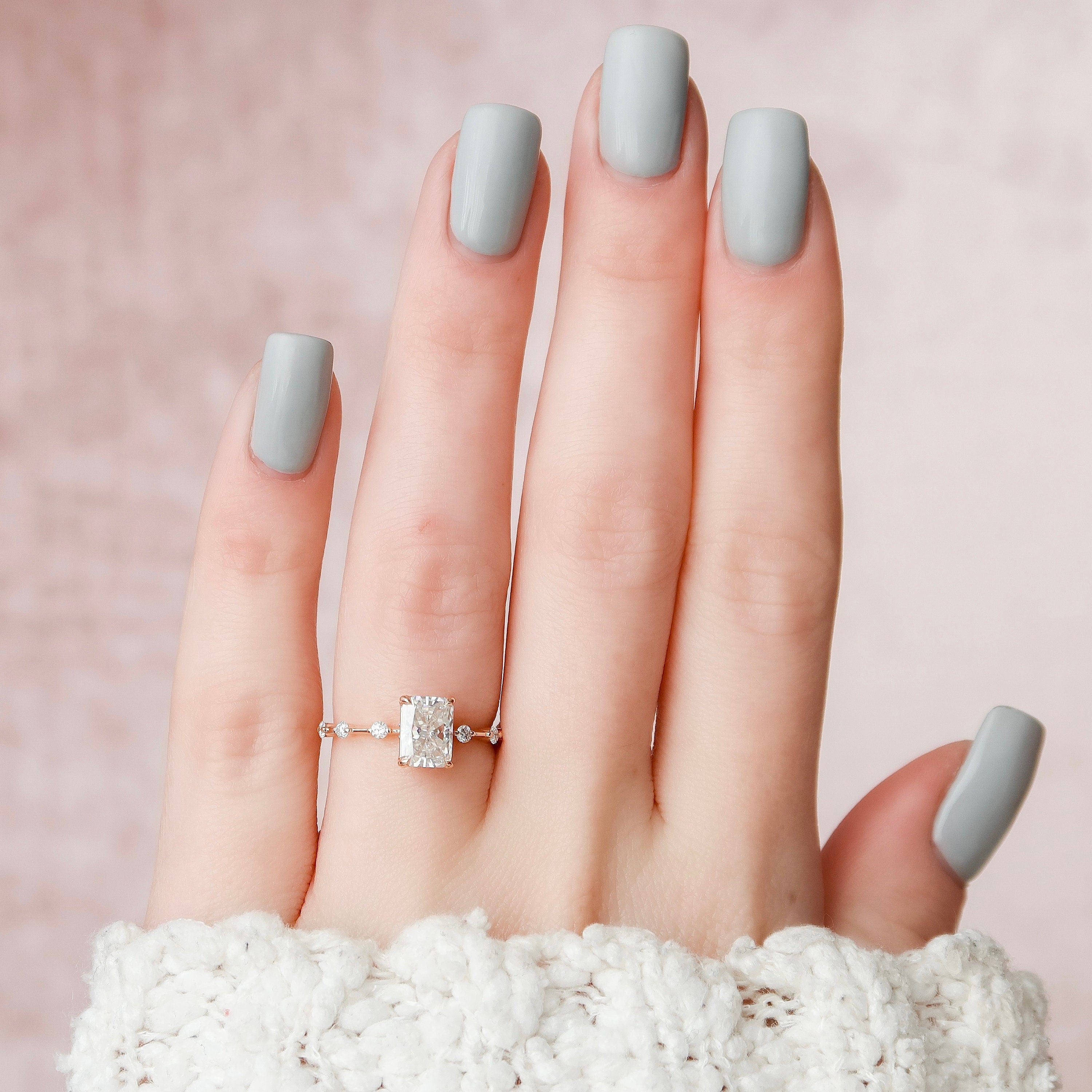 1.50 CT Radiant Dainty Pave Moissanite Engagement Ring