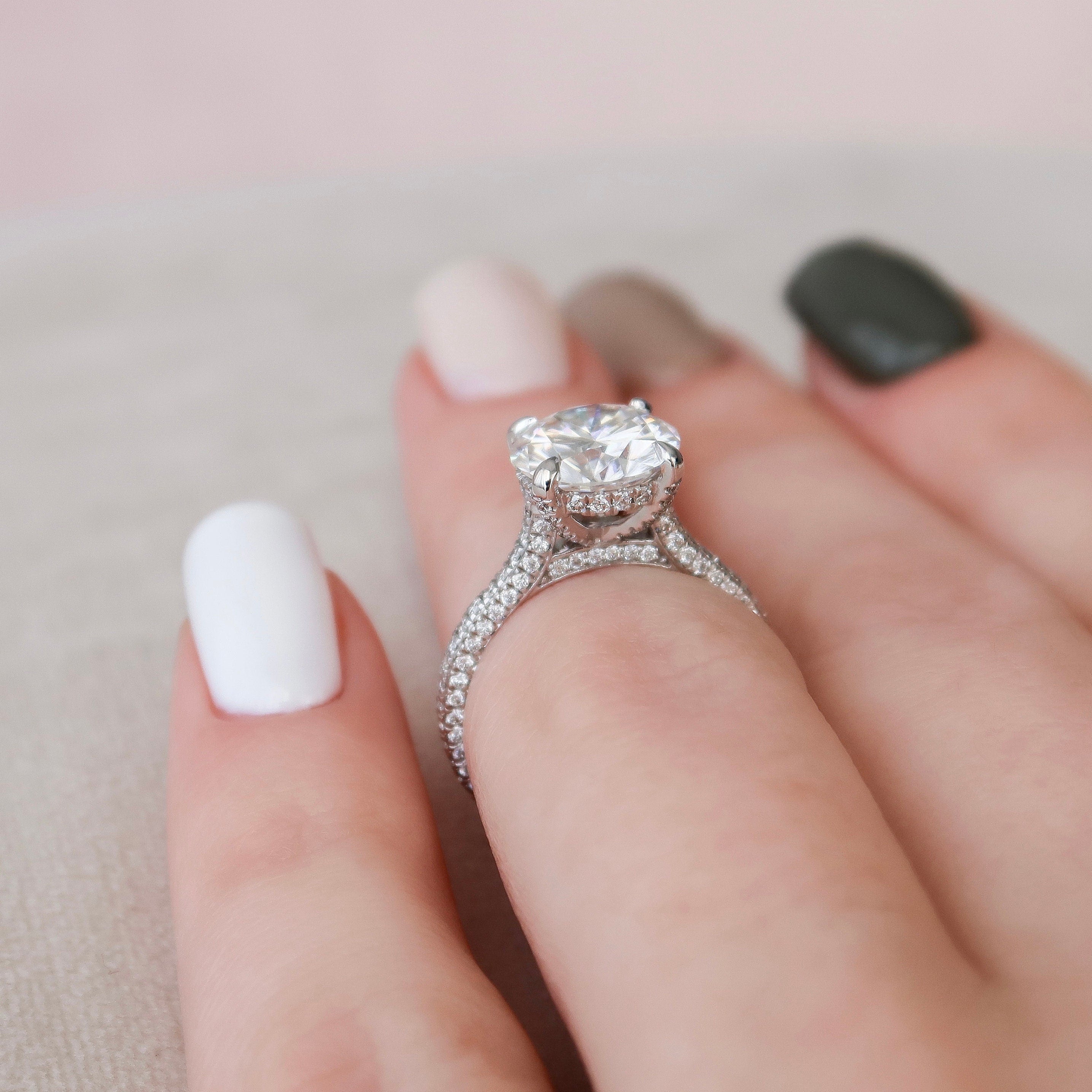 Round Pave Cathedral Lab Grown Diamond Engagement Ring