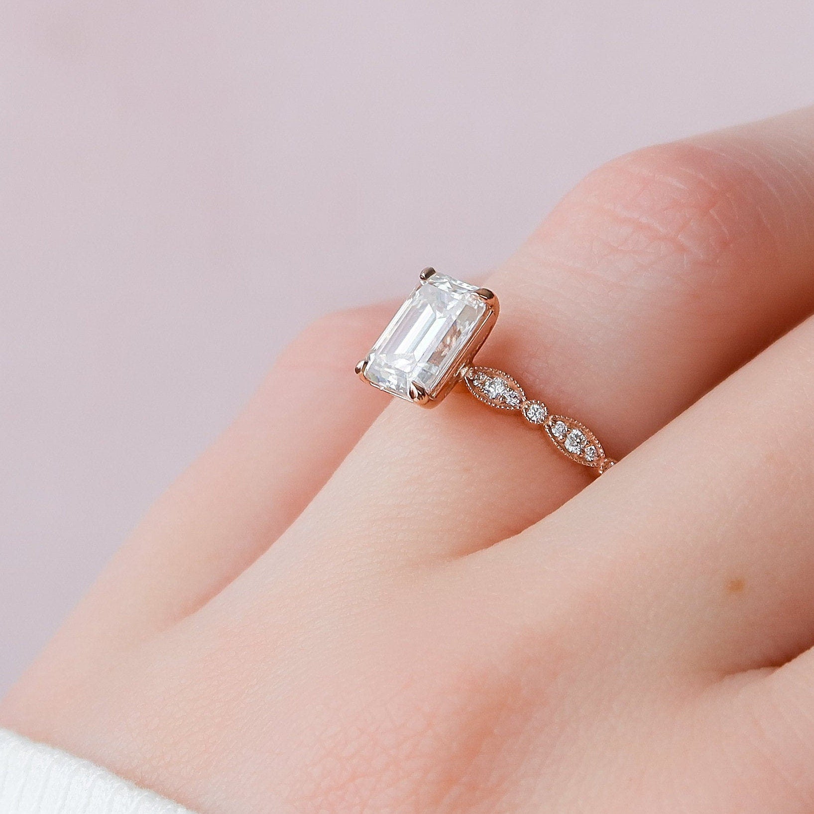 2.0 CT Emerald Milgrain Pave Vintage Style Moissanite Engagement Ring 3