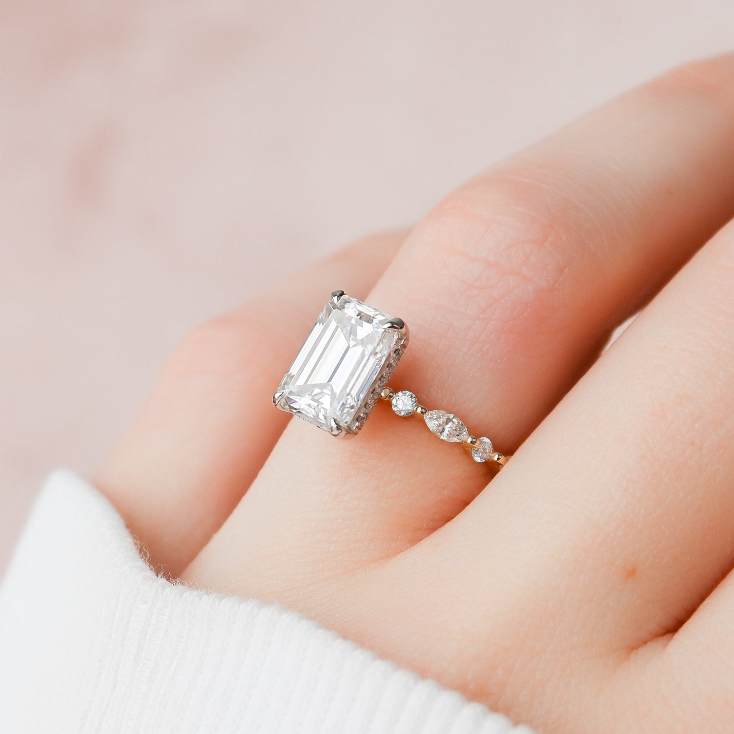 3.0 CT Emerald Cut Hidden Halo Pave Setting Moissanite Engagement Ring 9