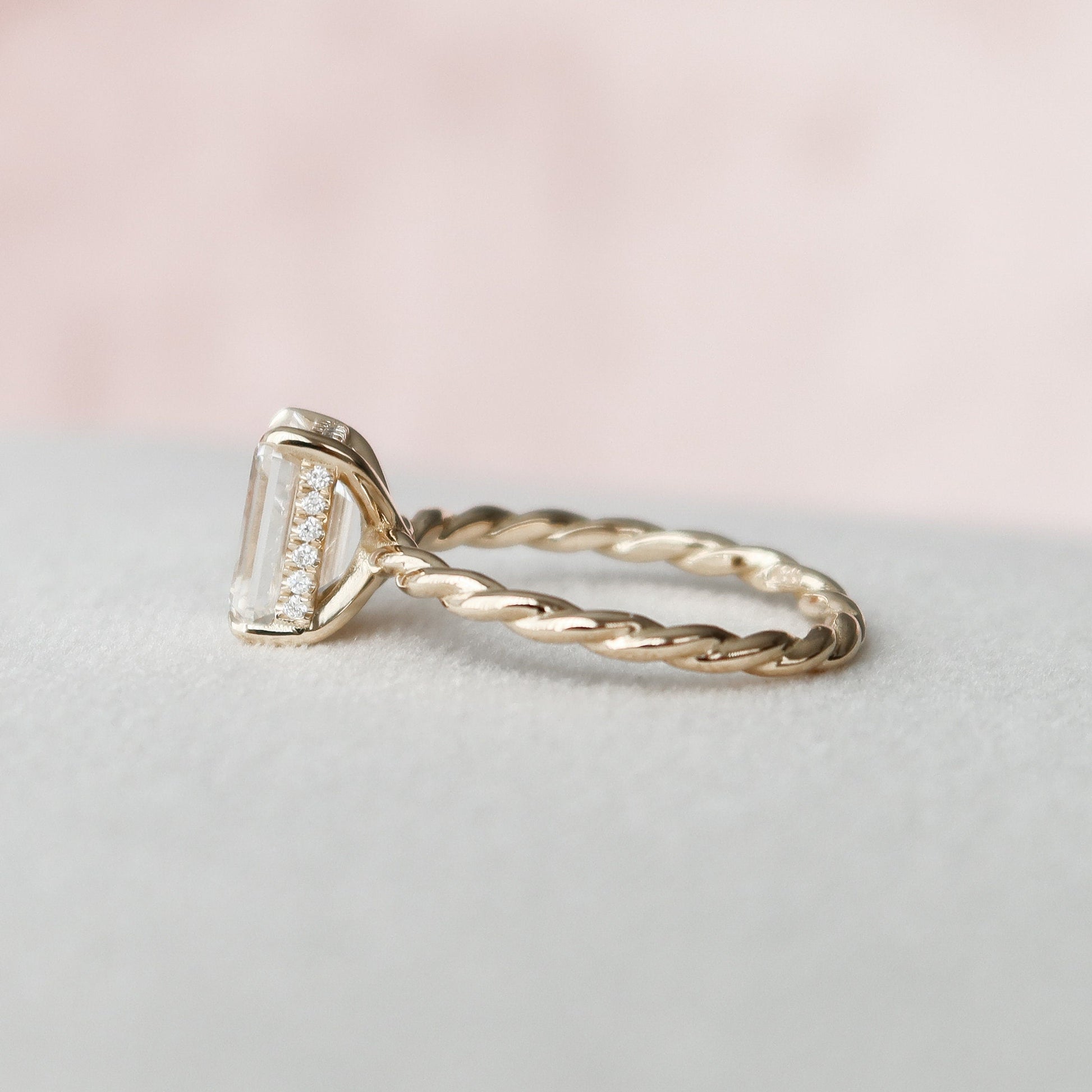 2.0 CT Emerald Twisted Shank Hidden Halo Moissanite Engagement Ring 2