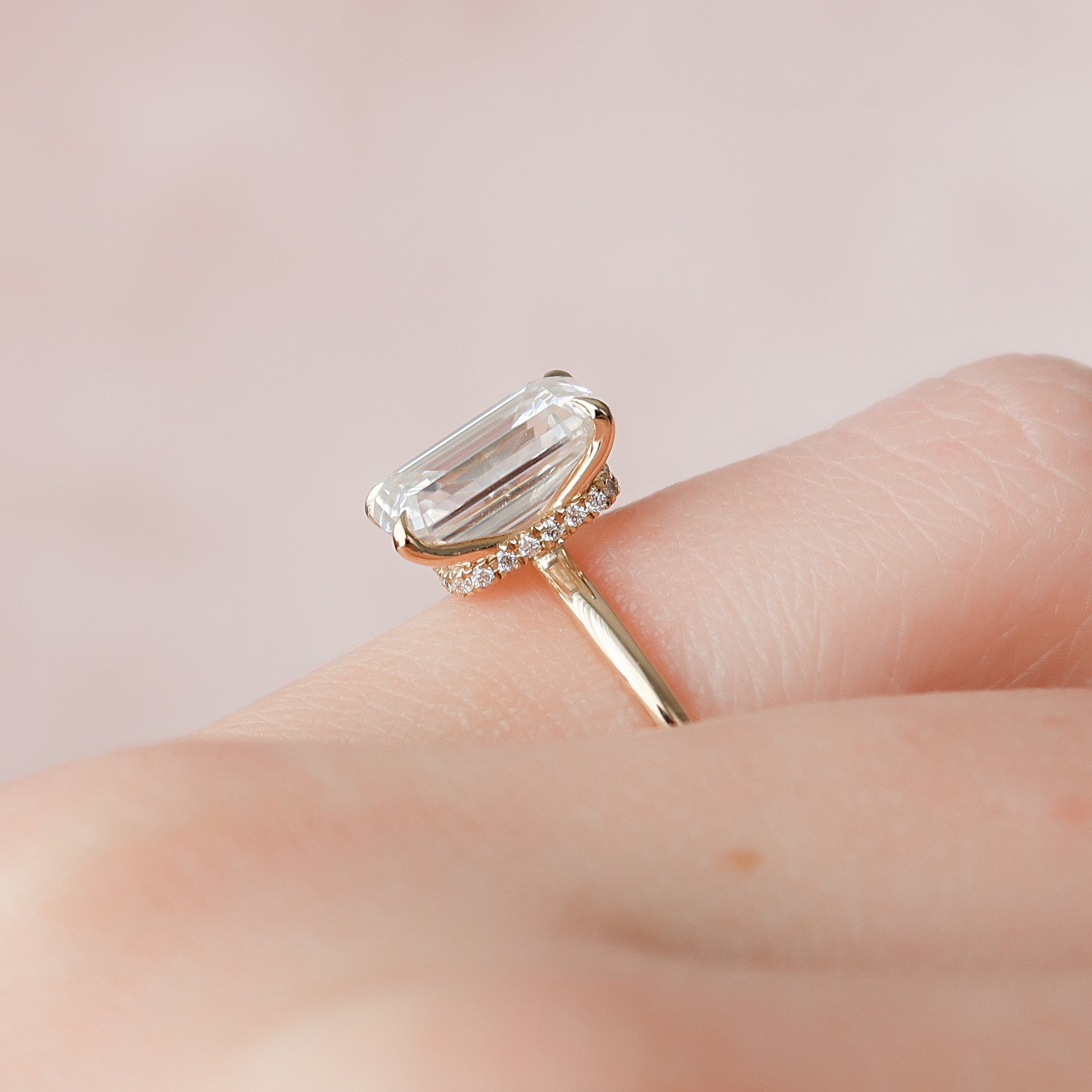 3.0 CT Emerald Cut Hidden Halo Moissanite Engagement Ring