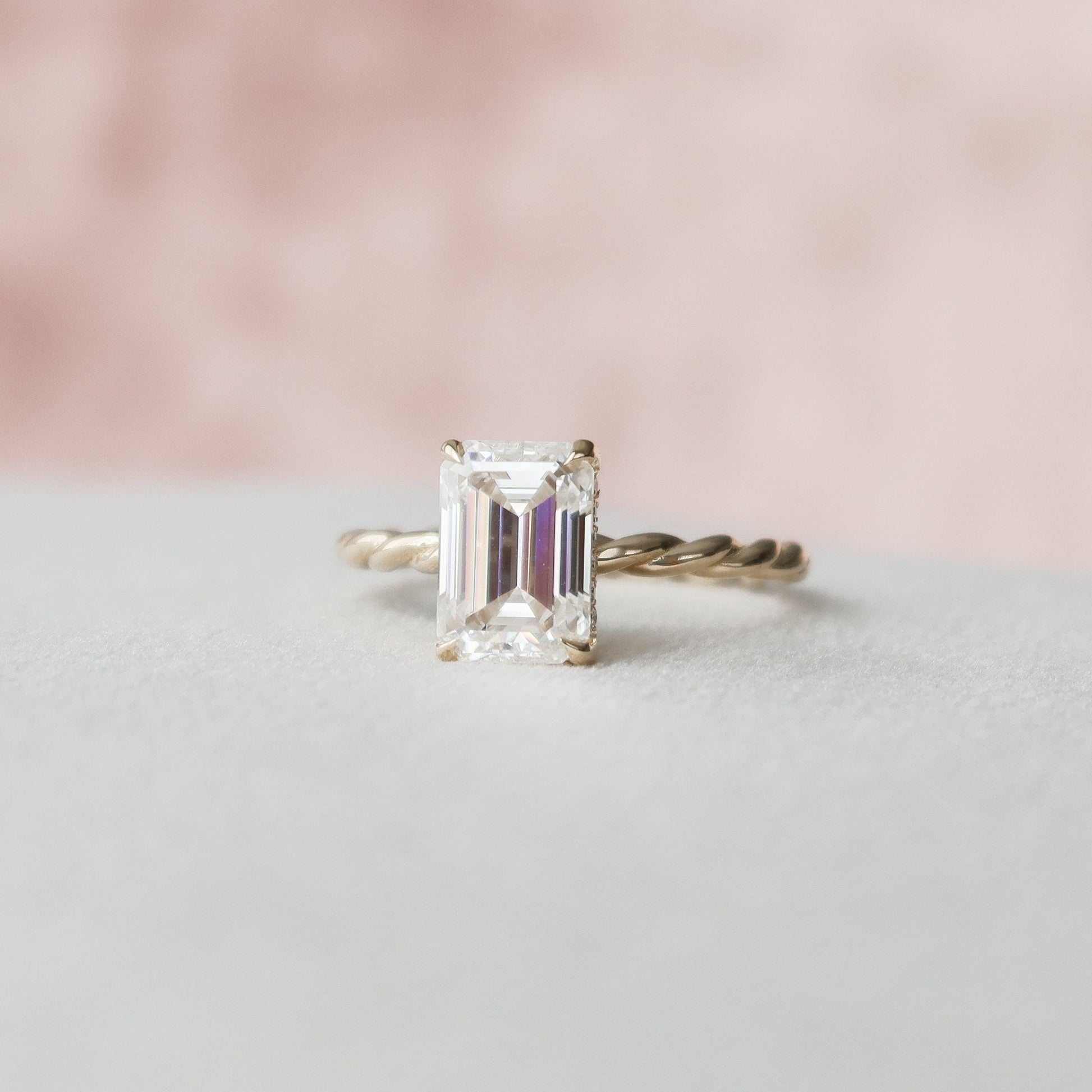 2.0 CT Emerald Twisted Shank Hidden Halo Moissanite Engagement Ring 1