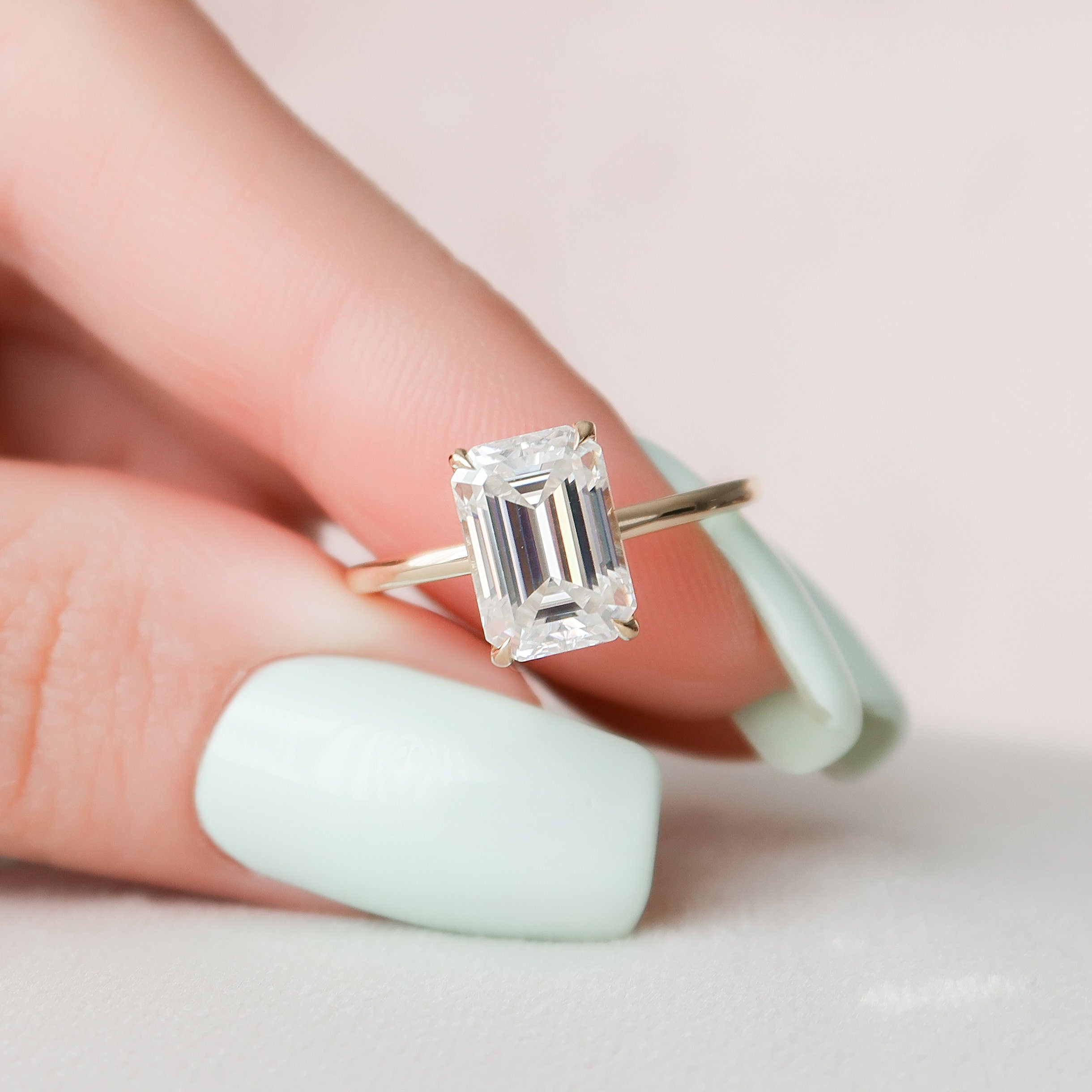 3.0 CT Emerald Cut Hidden Halo Moissanite Engagement Ring