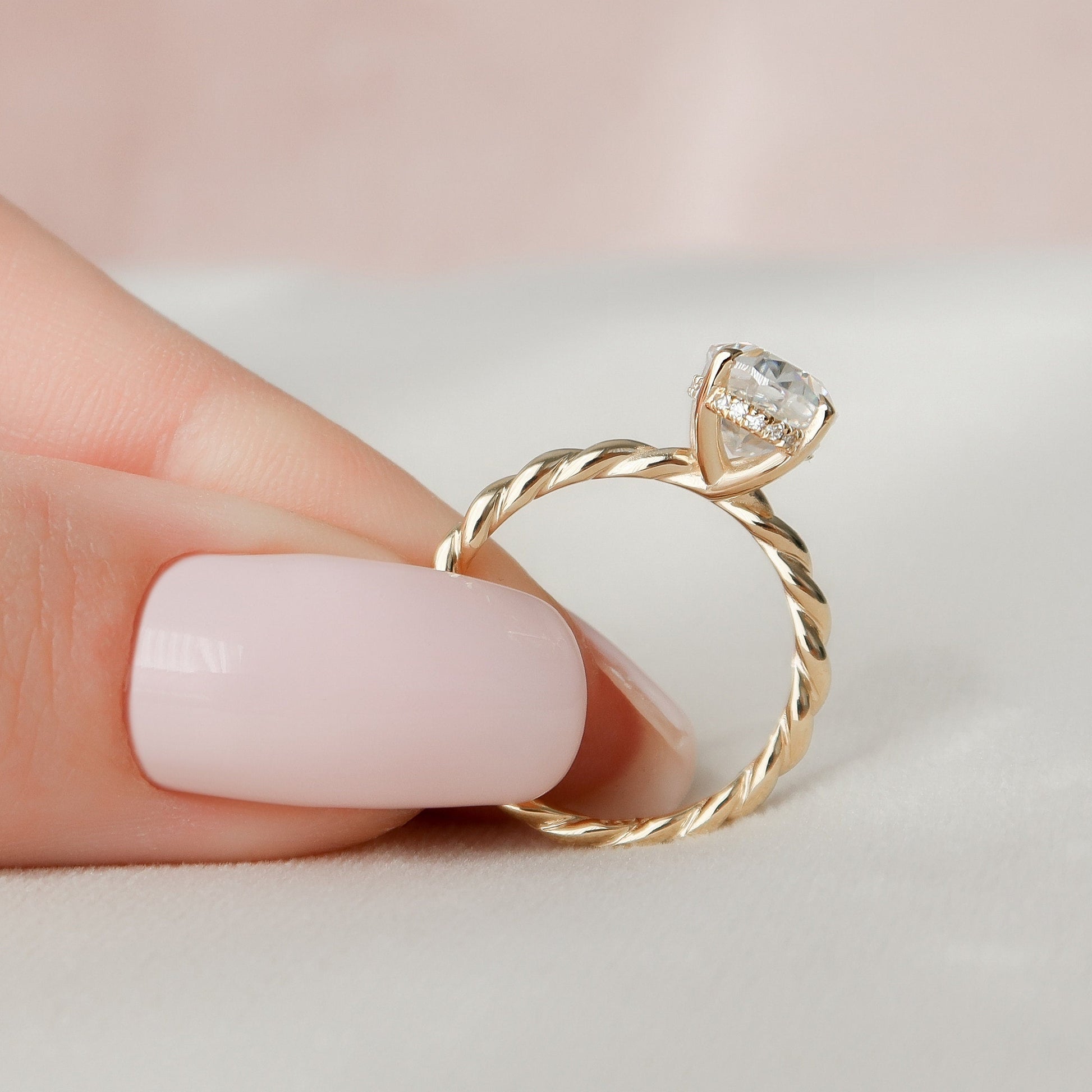 2.0 CT Oval Twisted Shank & Hidden Halo Moissanite Engagement Ring 10