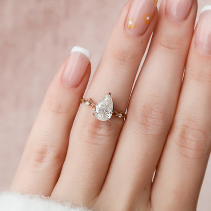 1.5 CT Pear Cut Twig Pave Moissanite Engagement Ring 6