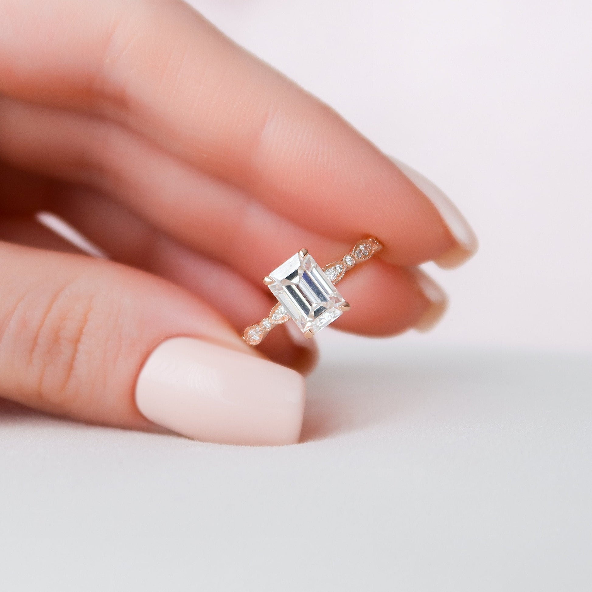 2.0 CT Emerald Milgrain Pave Vintage Style Moissanite Engagement Ring 8