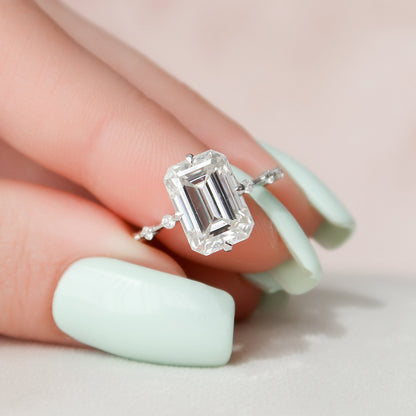3.0 CT Emerald Cut Dainty Pave Moissanite Engagement Ring 7