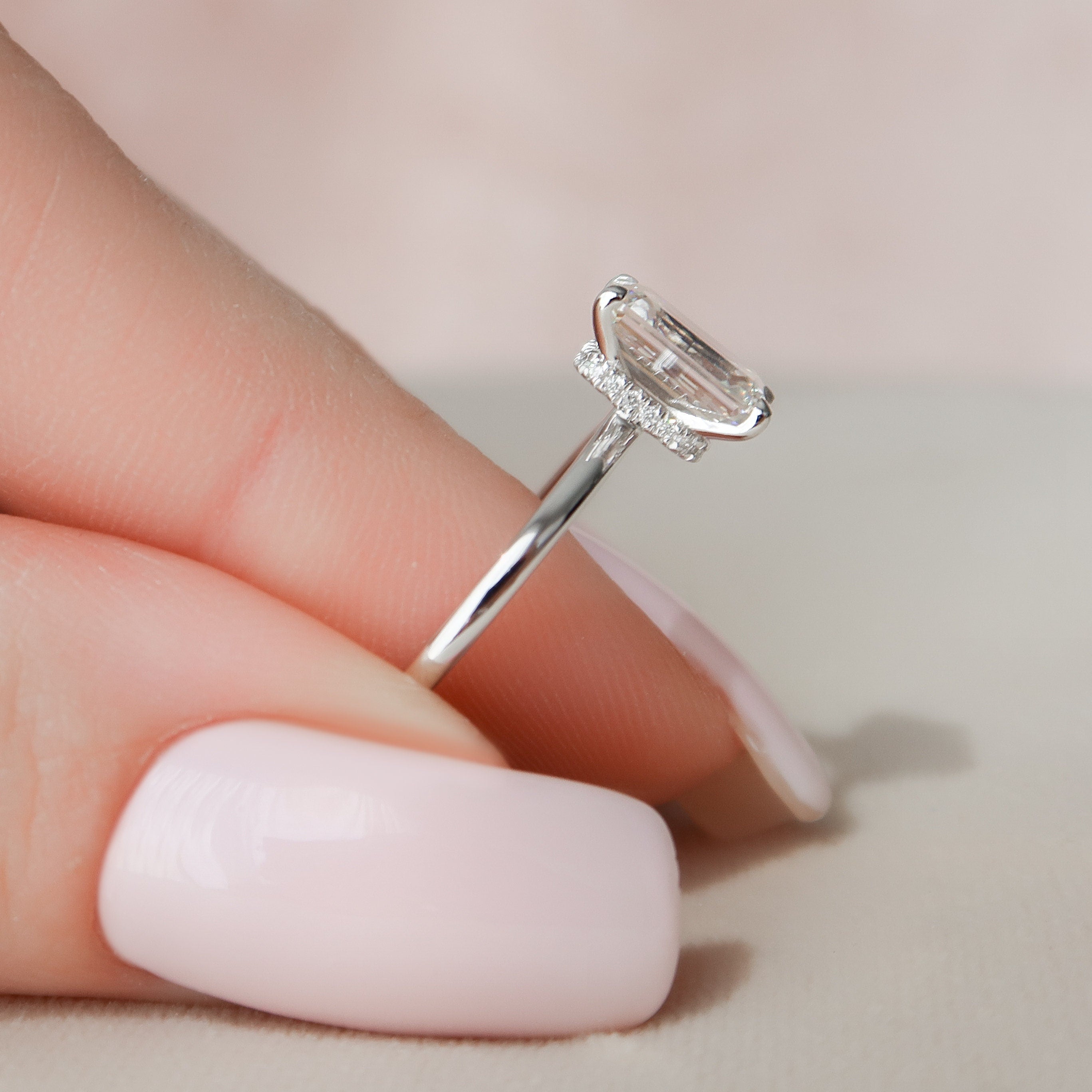 2.0 CT Emerald Hidden Halo & Solitaire Moissanite Engagement Ring 6