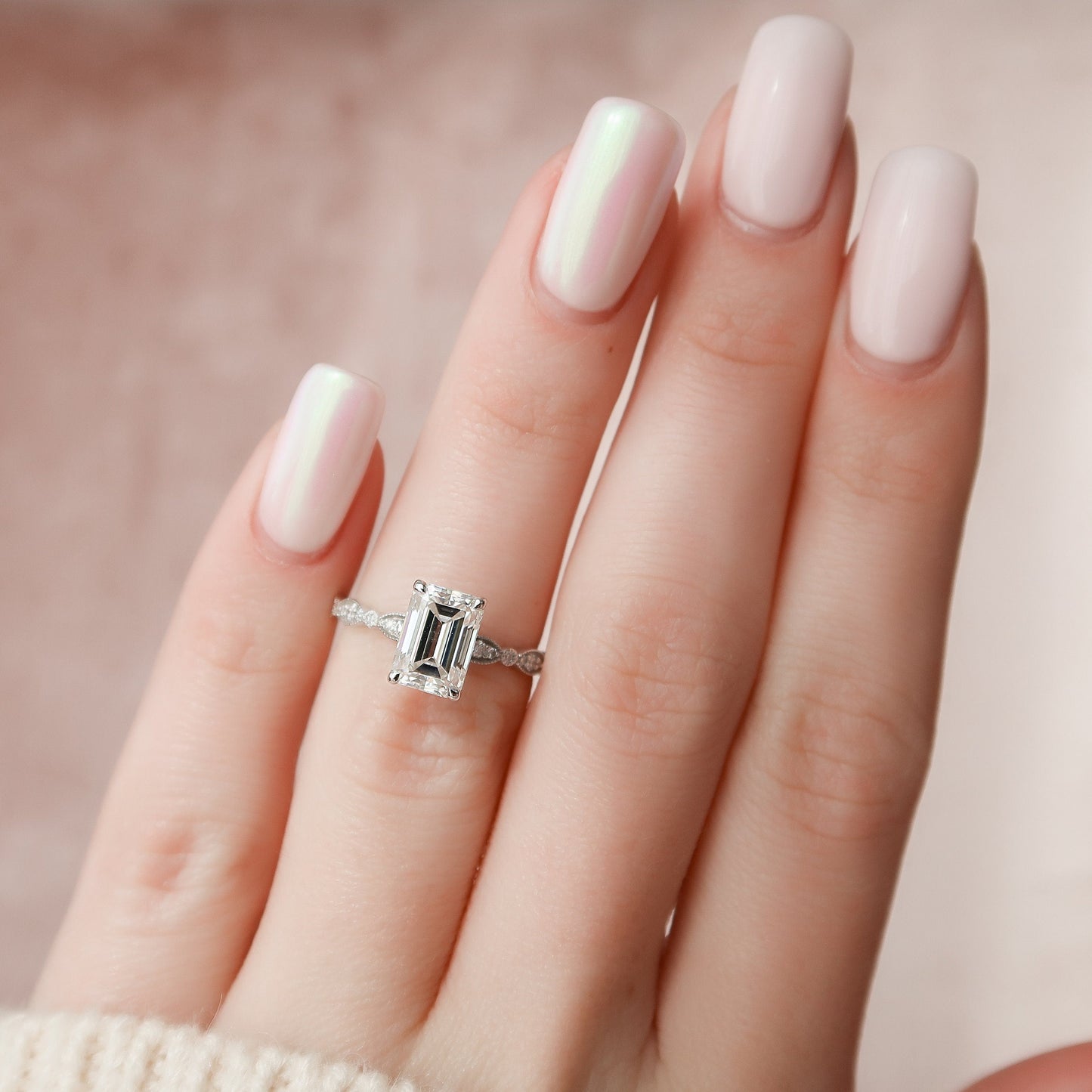 2.0 CT Emerald Milgrain Pave Vintage Style Moissanite Engagement Ring 2