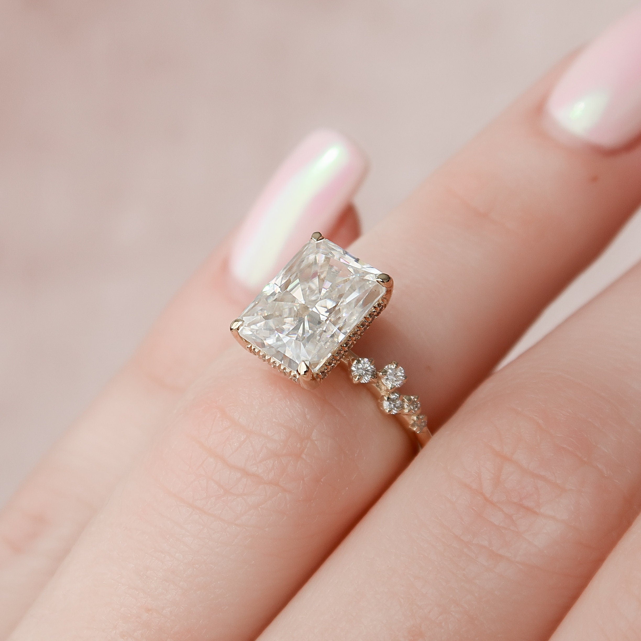 3.5 CT Radiant Cut Hidden Halo Pave Style Moissanite Engagement Ring 6