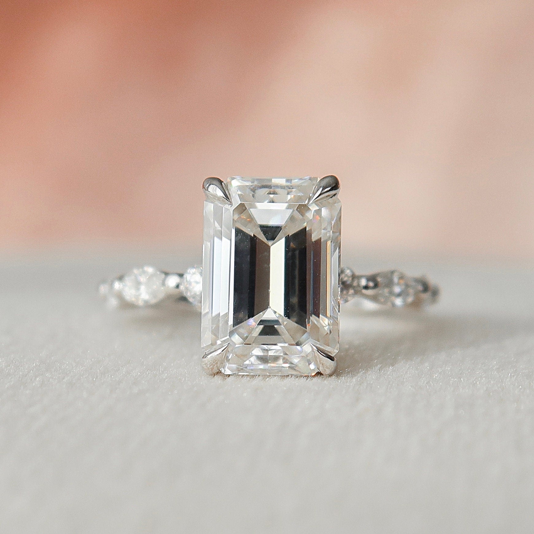 3.0 CT Emerald Cut Hidden Halo Pave Setting Moissanite Engagement Ring 4