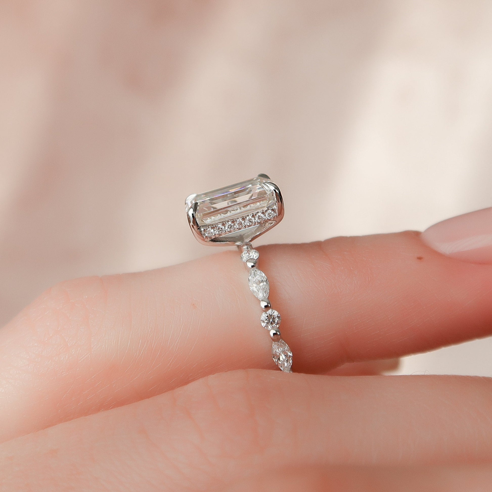 3.0 CT Emerald Cut Hidden Halo Pave Setting Moissanite Engagement Ring 10