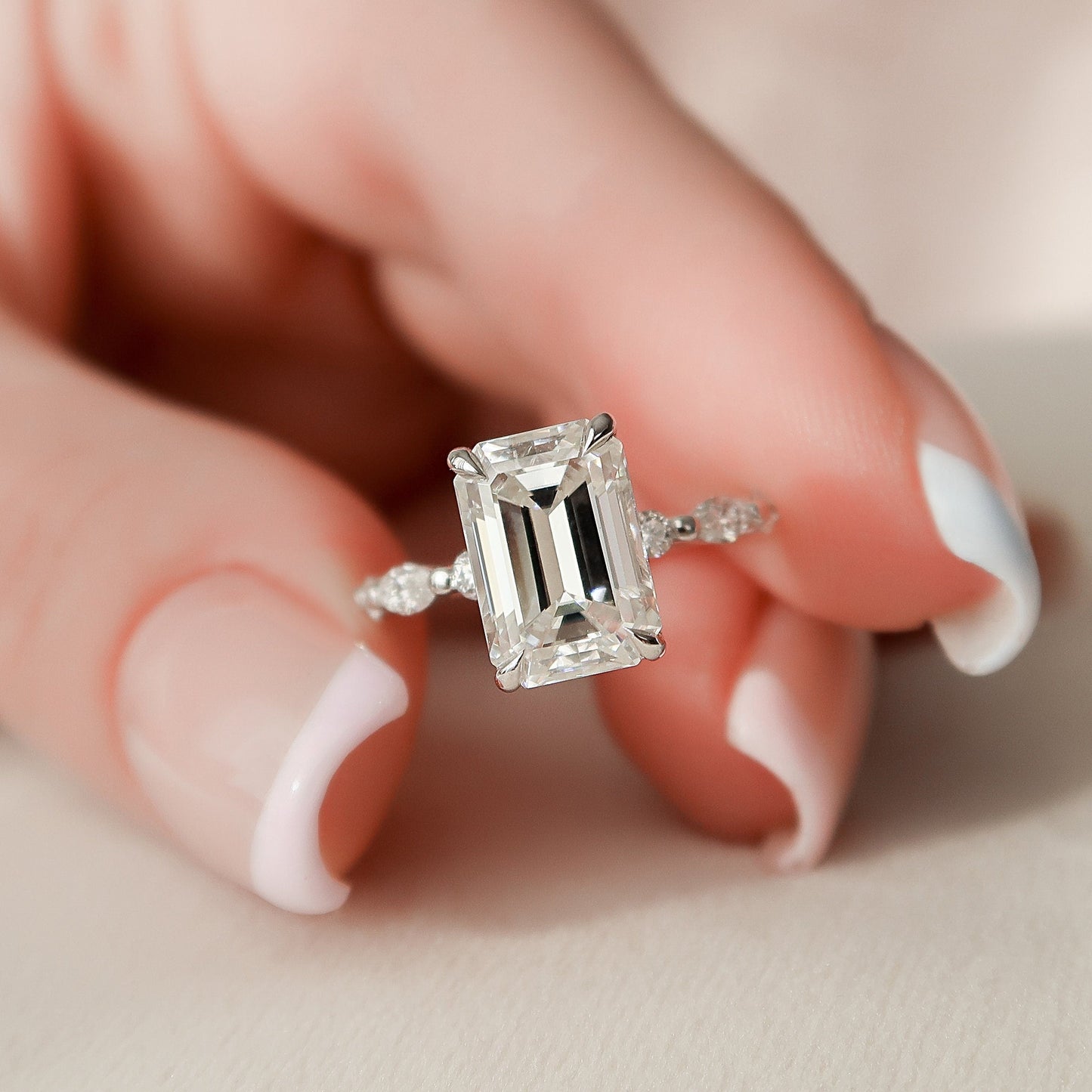 3.0 CT Emerald Cut Hidden Halo Pave Setting Moissanite Engagement Ring 6