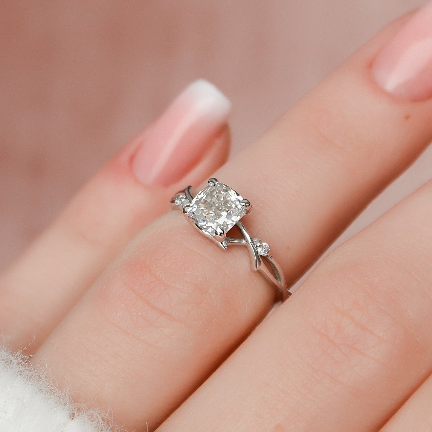 1.0 CT Cushion Twig Pave Setting Moissanite Engagement Ring 6
