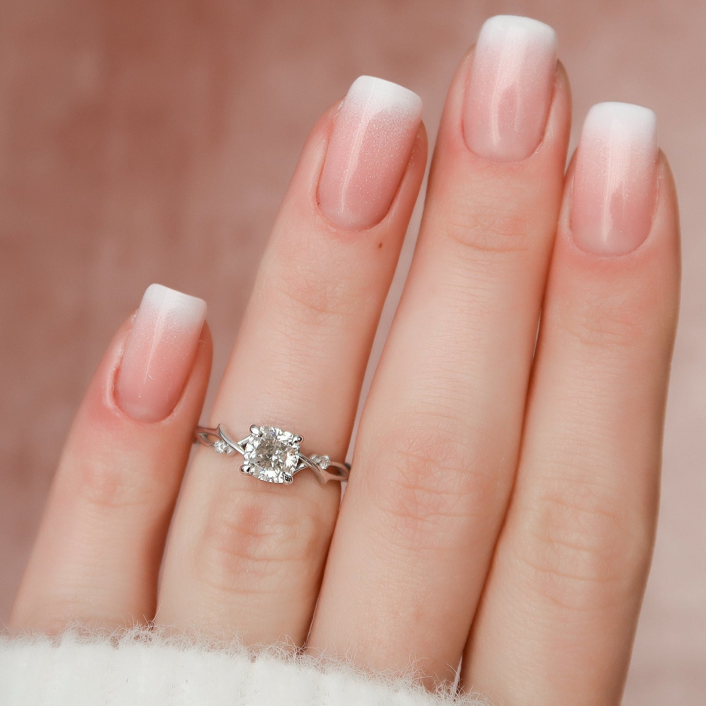 1.0 CT Cushion Twig Pave Setting Moissanite Engagement Ring 5