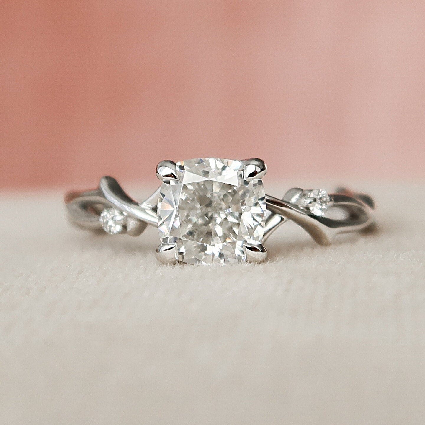 1.0 CT Cushion Twig Pave Setting Moissanite Engagement Ring 1