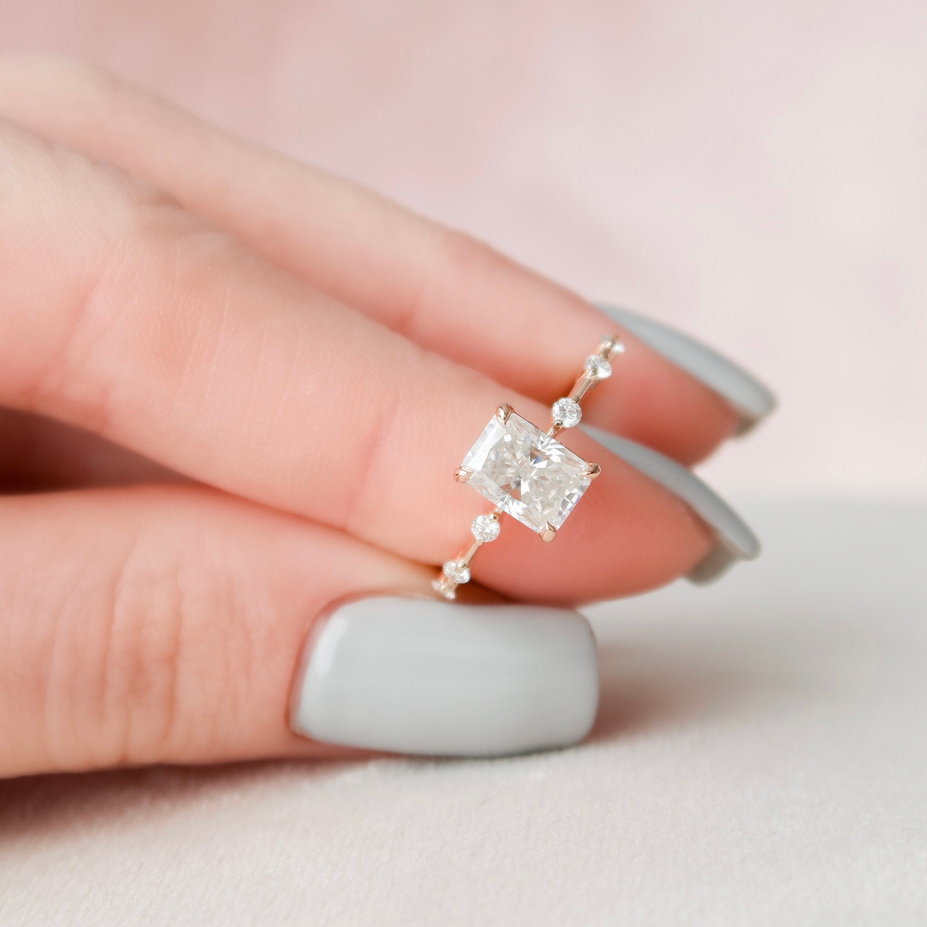 1.50 CT Radiant Dainty Pave Moissanite Engagement Ring