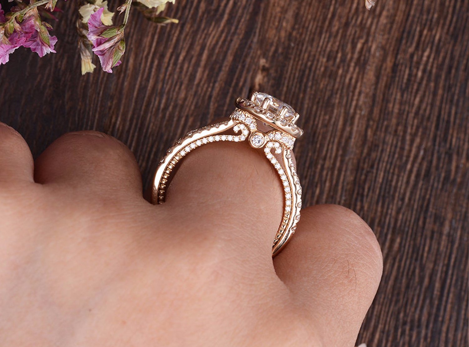 Round Halo, Pave & Split Shank Lab Grown Diamond Engagement Ring