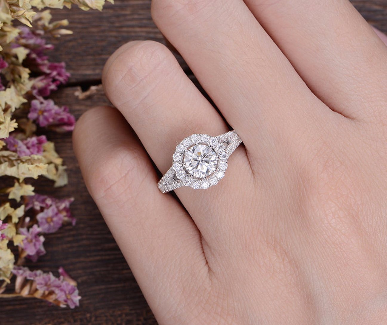 Round Halo, Pave & Split Shank Lab Grown Diamond Engagement Ring
