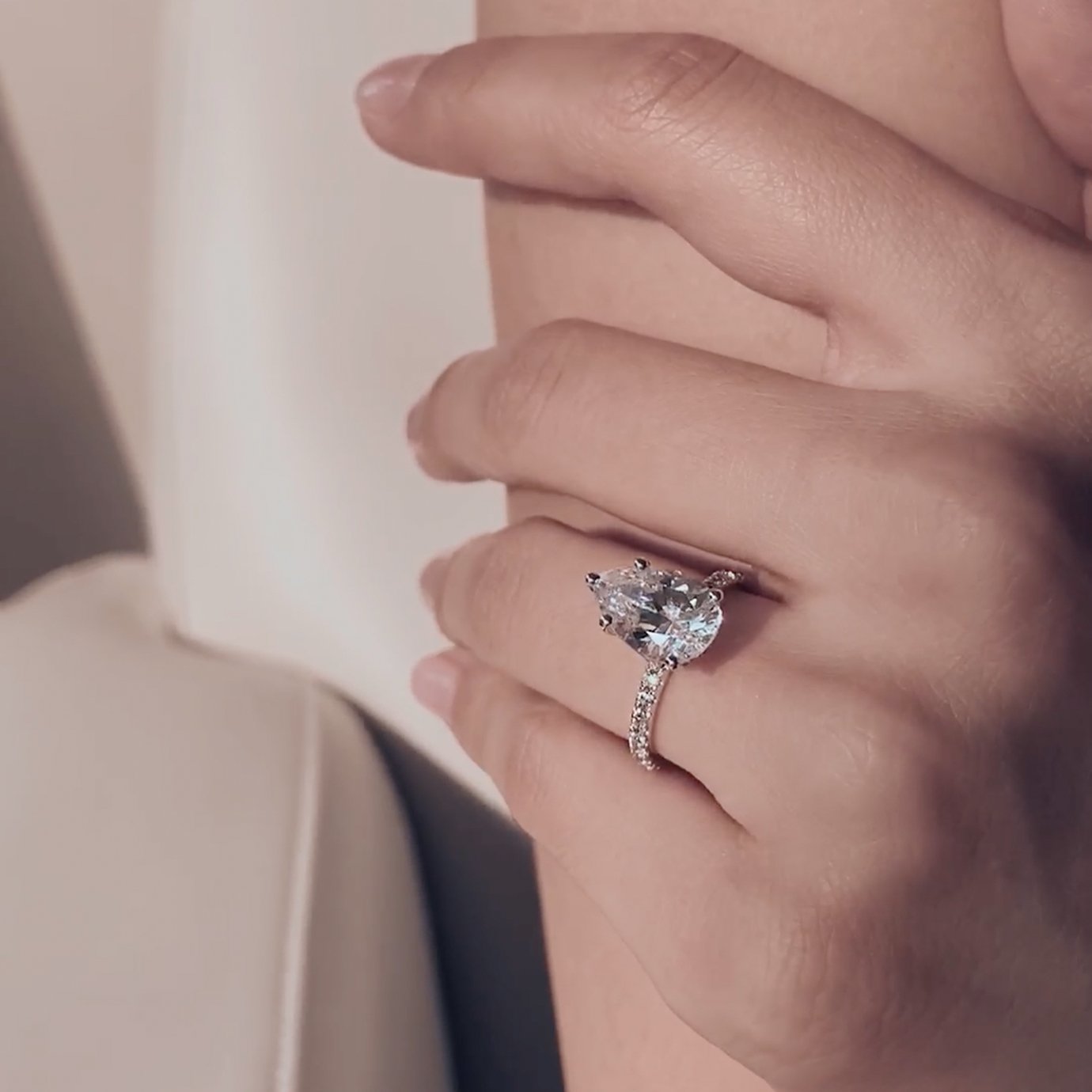 3.0 CT Pear Shaped Moissanite Hidden Halo & Pave Engagement Ring